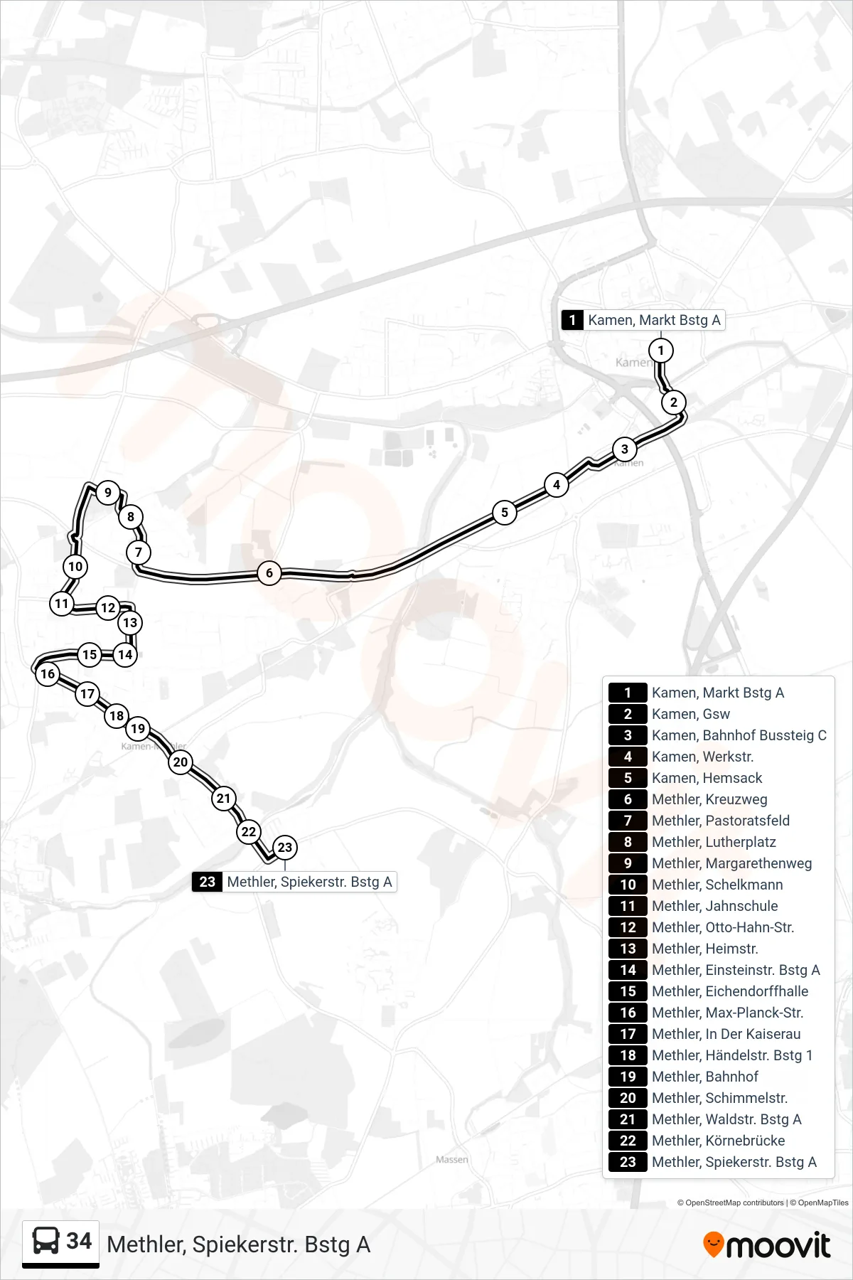 Linie 34 (Bus) Richtung Methler, Spiekerstr. Bstg A: Route und Haltestellen auf der Karte