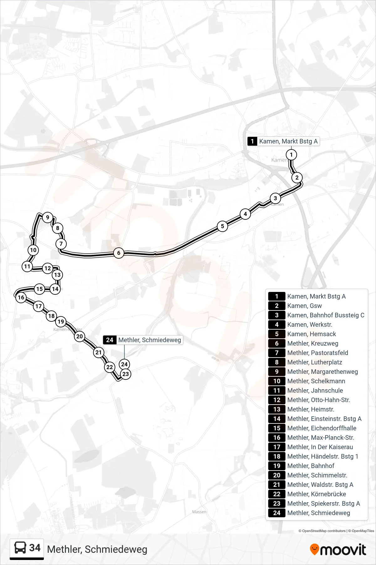 Linie 34 (Bus) Richtung Methler, Schmiedeweg: Route und Haltestellen auf der Karte