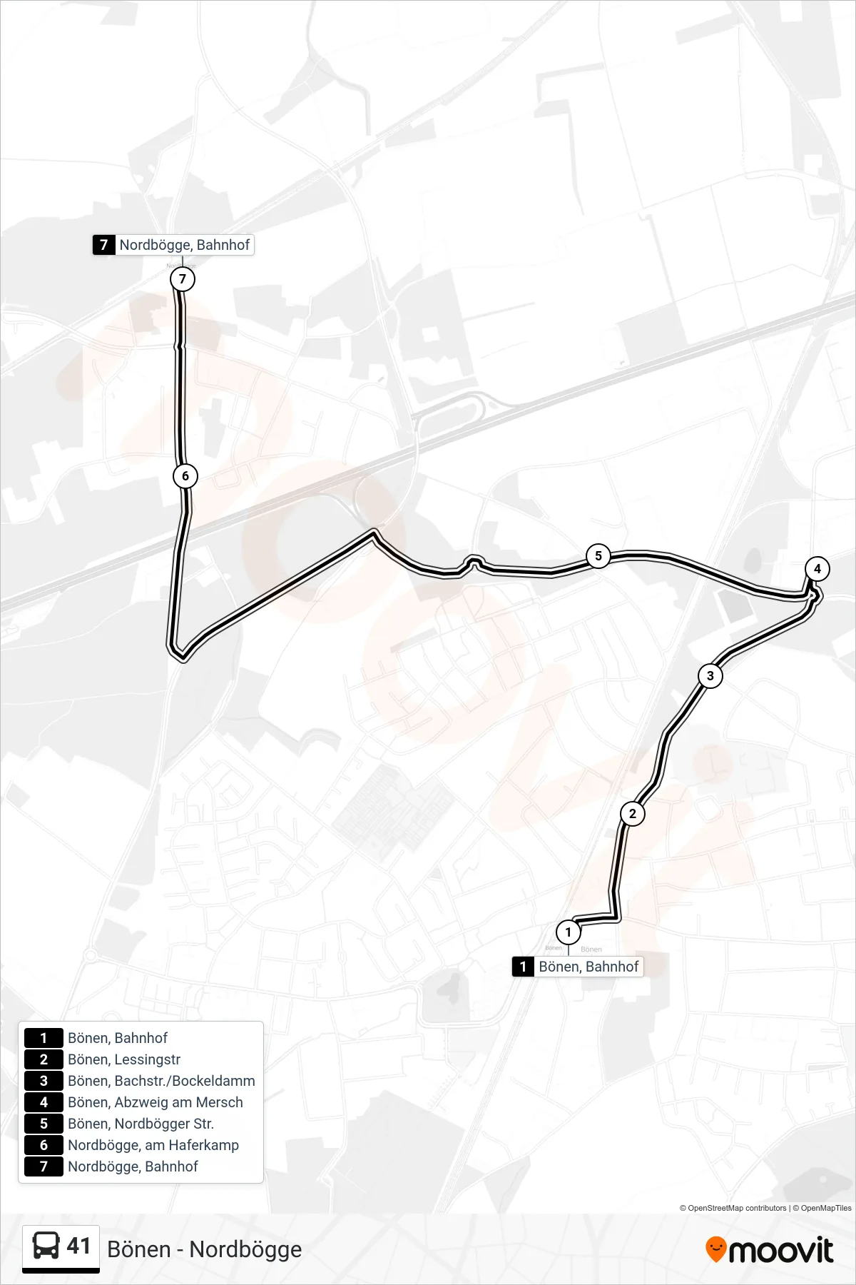 Linie 41 (Bus) Richtung Nordbögge, Bahnhof: Route und Haltestellen auf der Karte