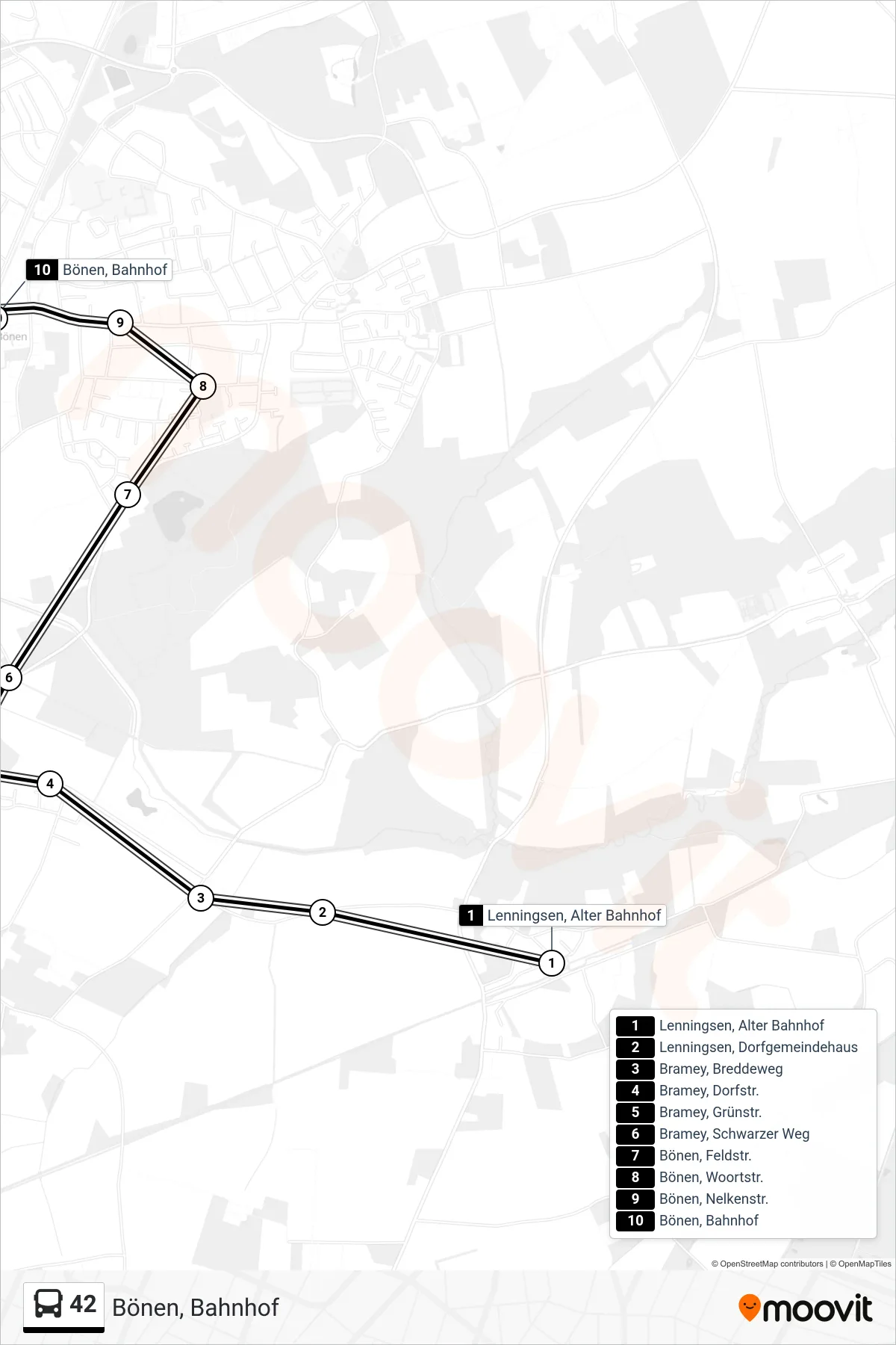 Linie 42 (Bus) Richtung Bönen, Bahnhof: Route und Haltestellen auf der Karte