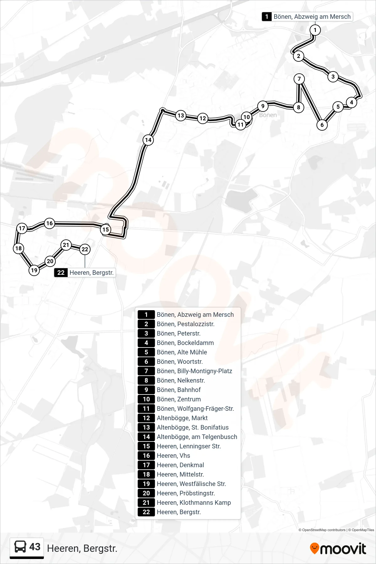 Linie 43 (Bus) Richtung Heeren, Bergstr.: Route und Haltestellen auf der Karte
