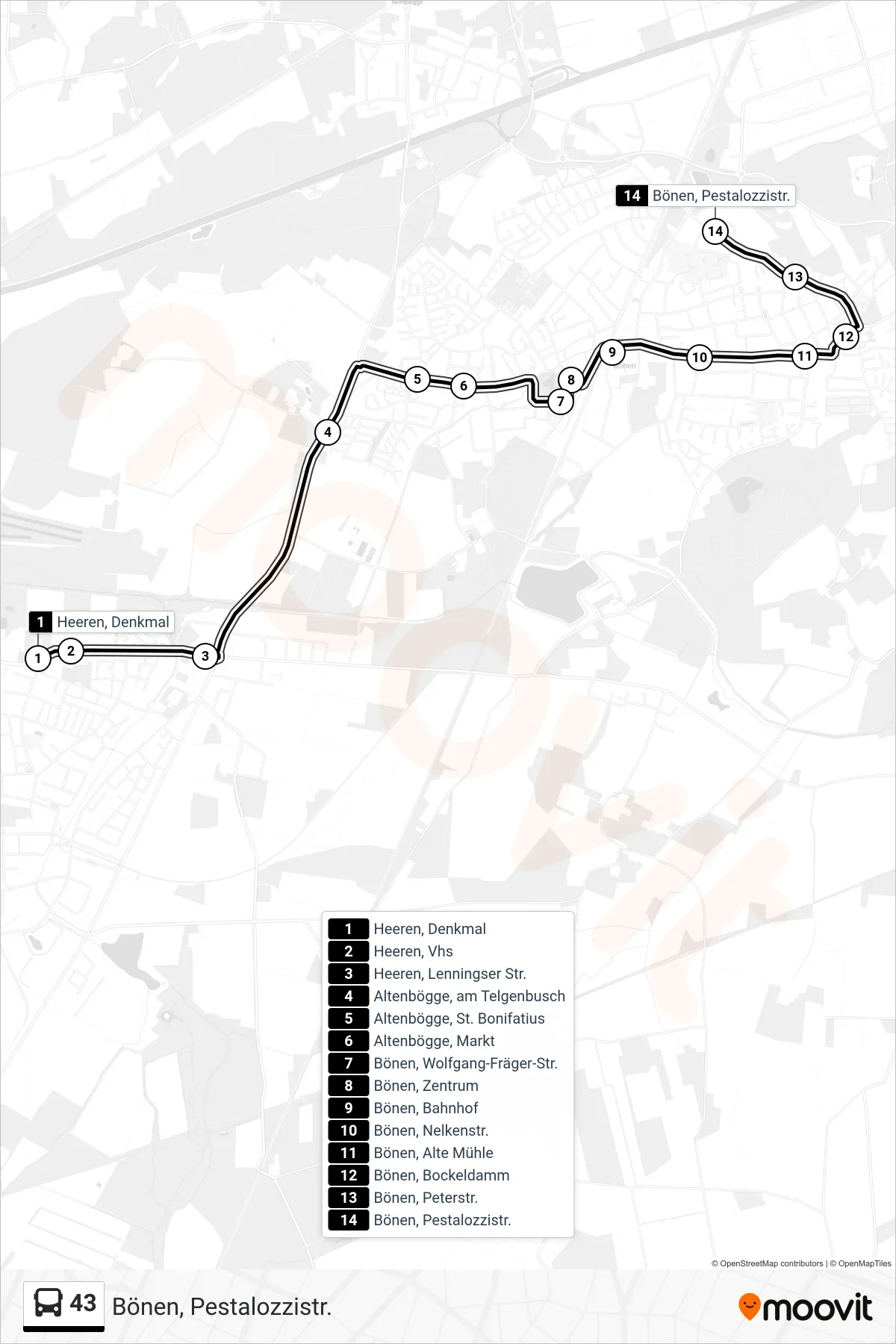 Linie 43 (Bus) Richtung Bönen, Pestalozzistr.: Route und Haltestellen auf der Karte