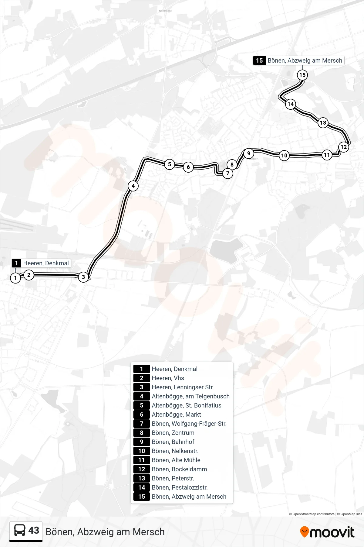 Linie 43 (Bus) Richtung Bönen, Abzweig am Mersch: Route und Haltestellen auf der Karte