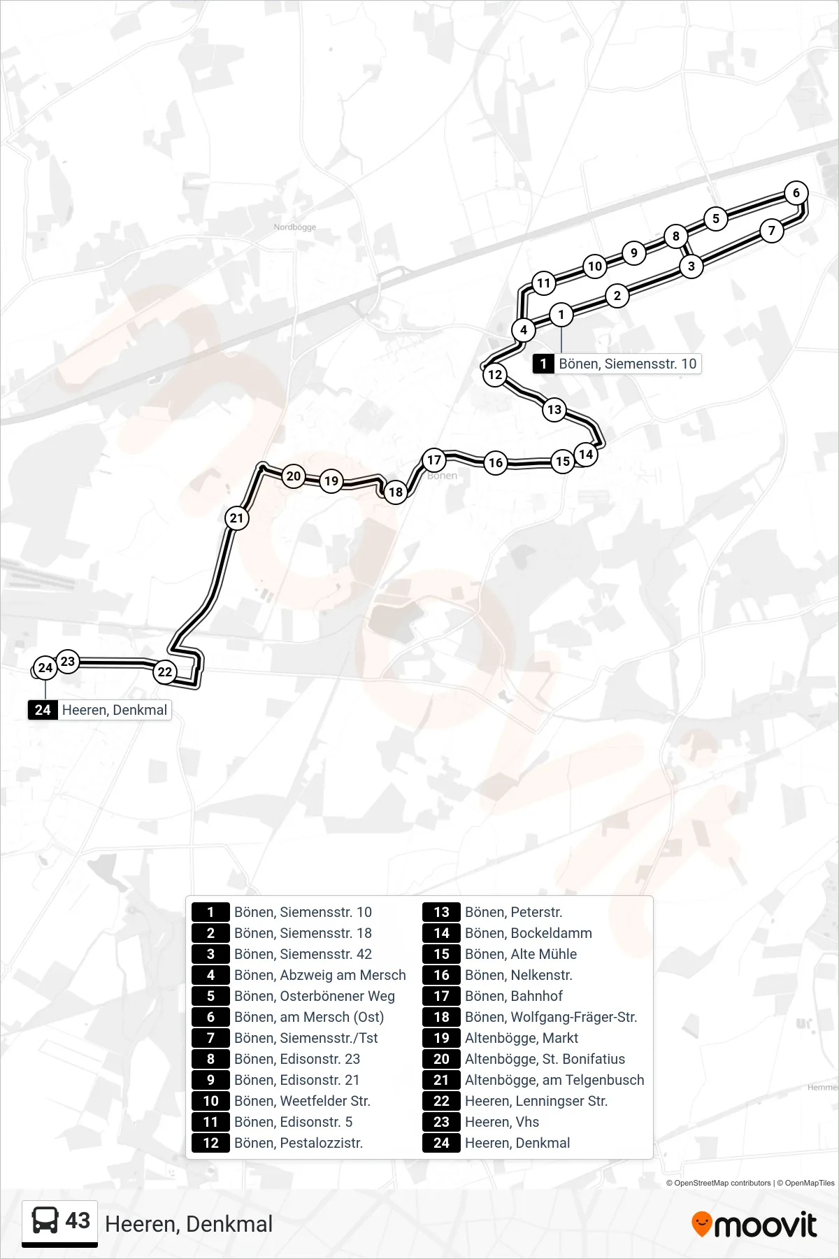 43 bus Line (Heeren, Denkmal) route and stops on a map