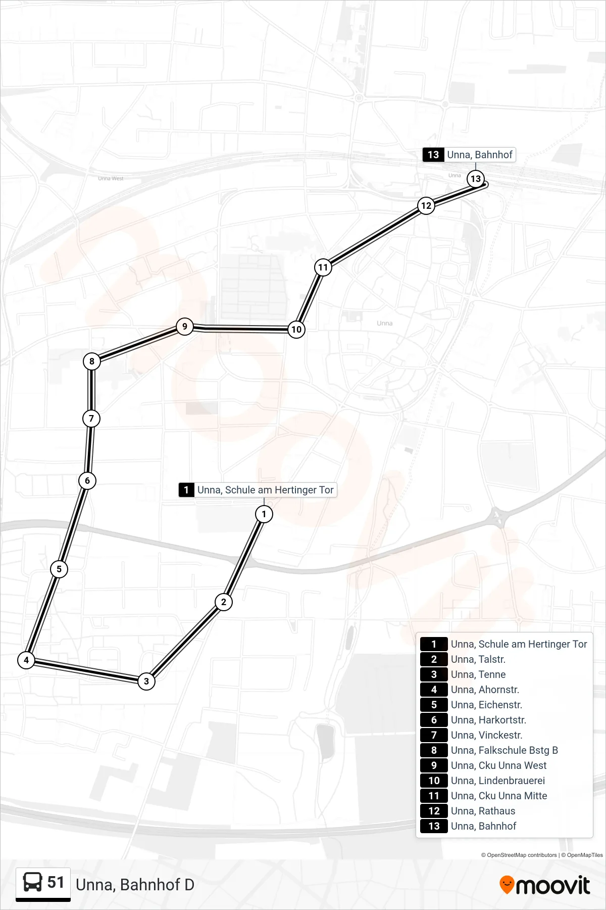 Linie 51 (Bus) Richtung Unna, Bahnhof D: Route und Haltestellen auf der Karte