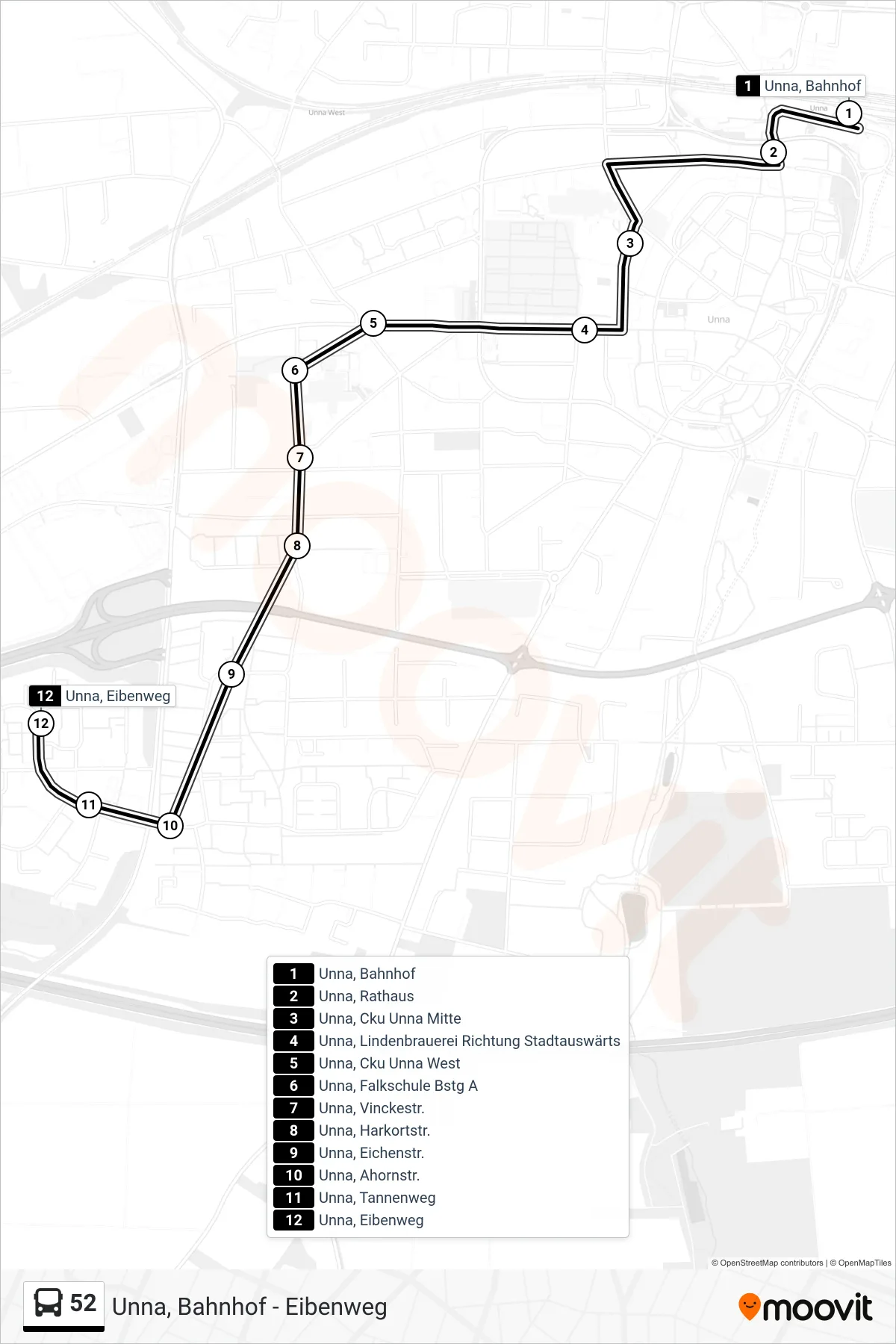 Linie 52 (Bus) Richtung Unna, Eibenweg: Route und Haltestellen auf der Karte