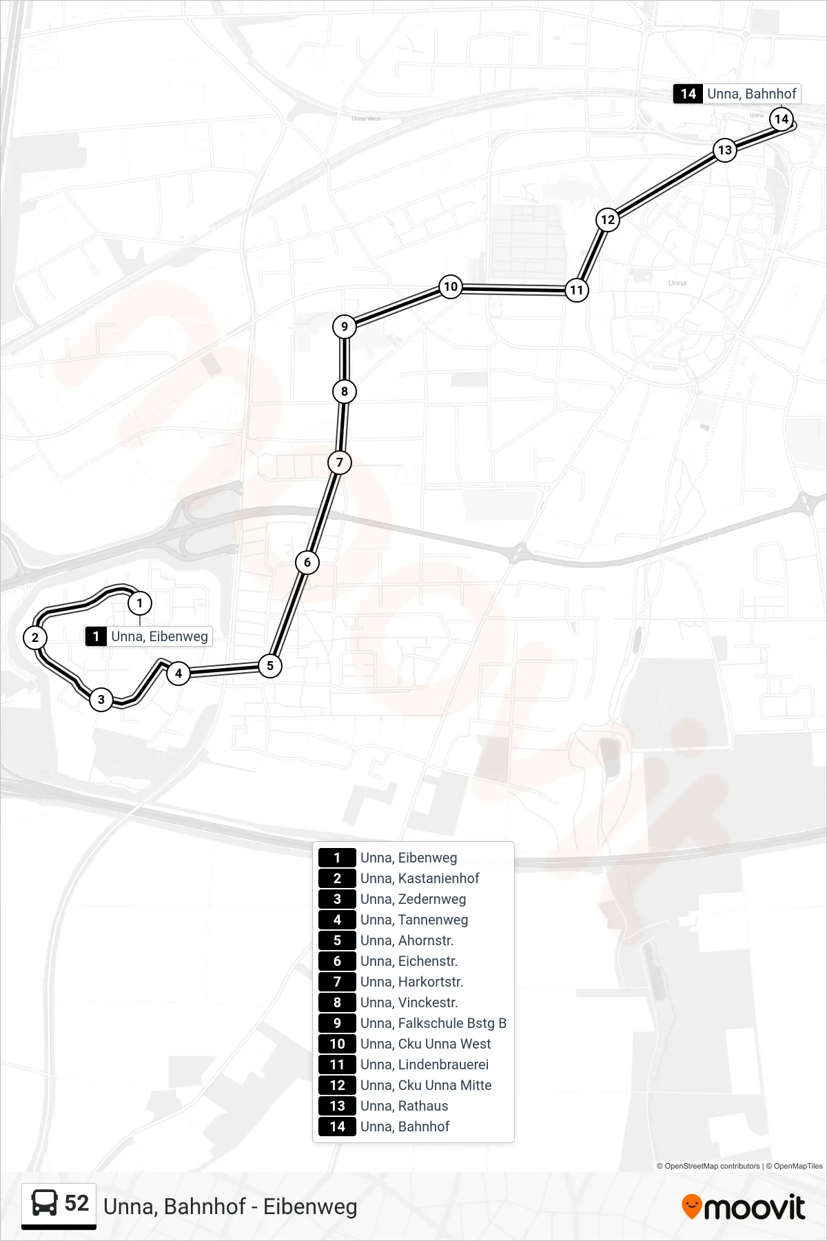 Linie 52 (Bus) Richtung Unna, Bahnhof D: Route und Haltestellen auf der Karte