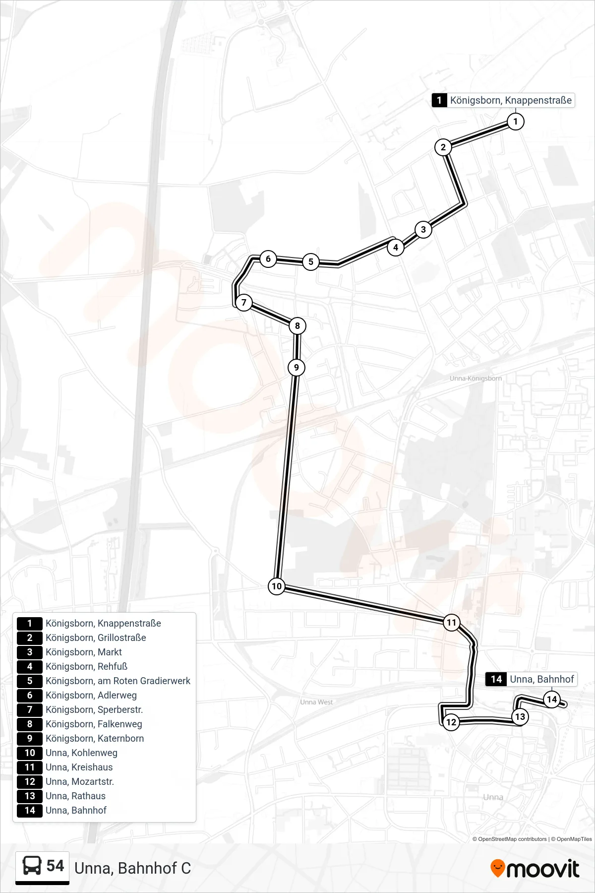 Linie 54 (Bus) Richtung Unna, Bahnhof C: Route und Haltestellen auf der Karte