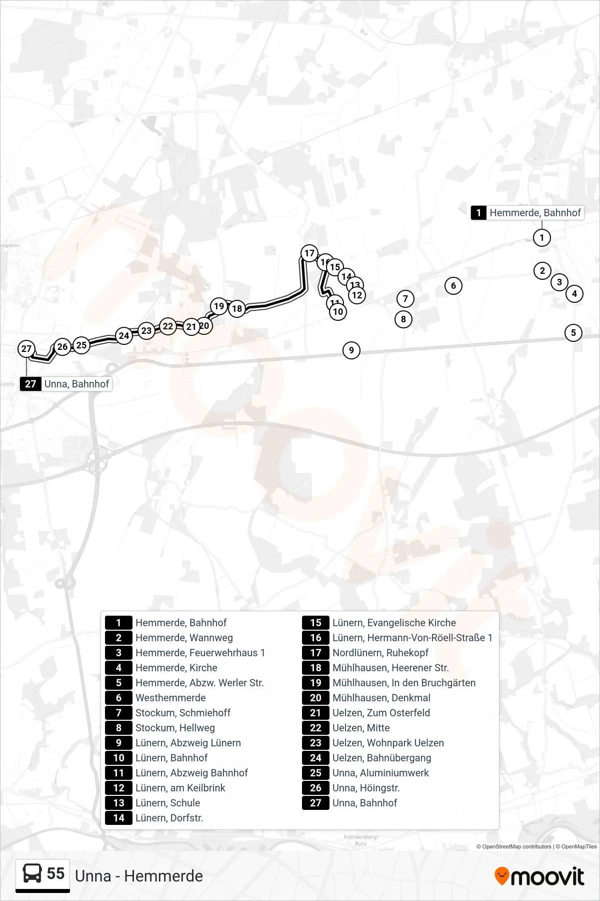 Linie 55 (Bus) Richtung Unna, Bahnhof C: Route und Haltestellen auf der Karte