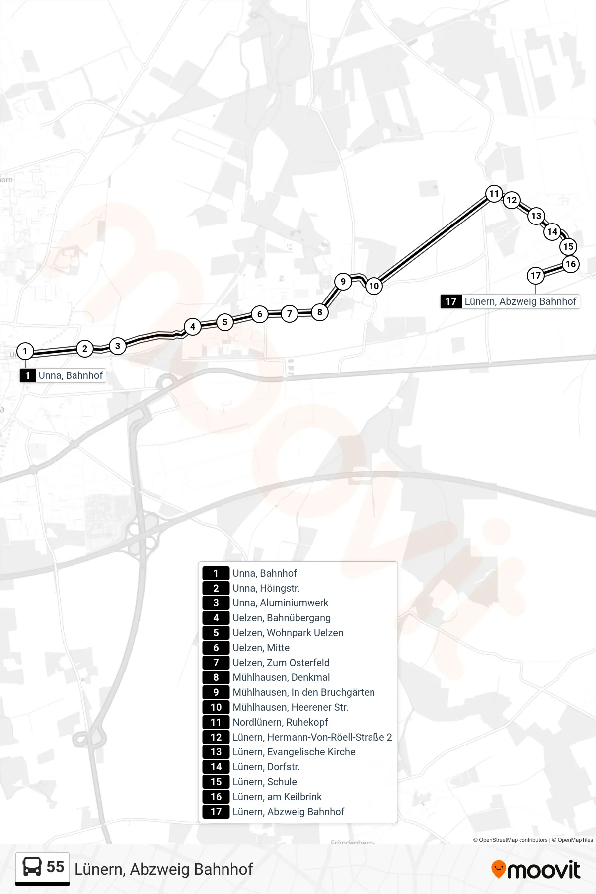 Linie 55 (Bus) Richtung Lünern, Abzweig Bahnhof: Route und Haltestellen auf der Karte