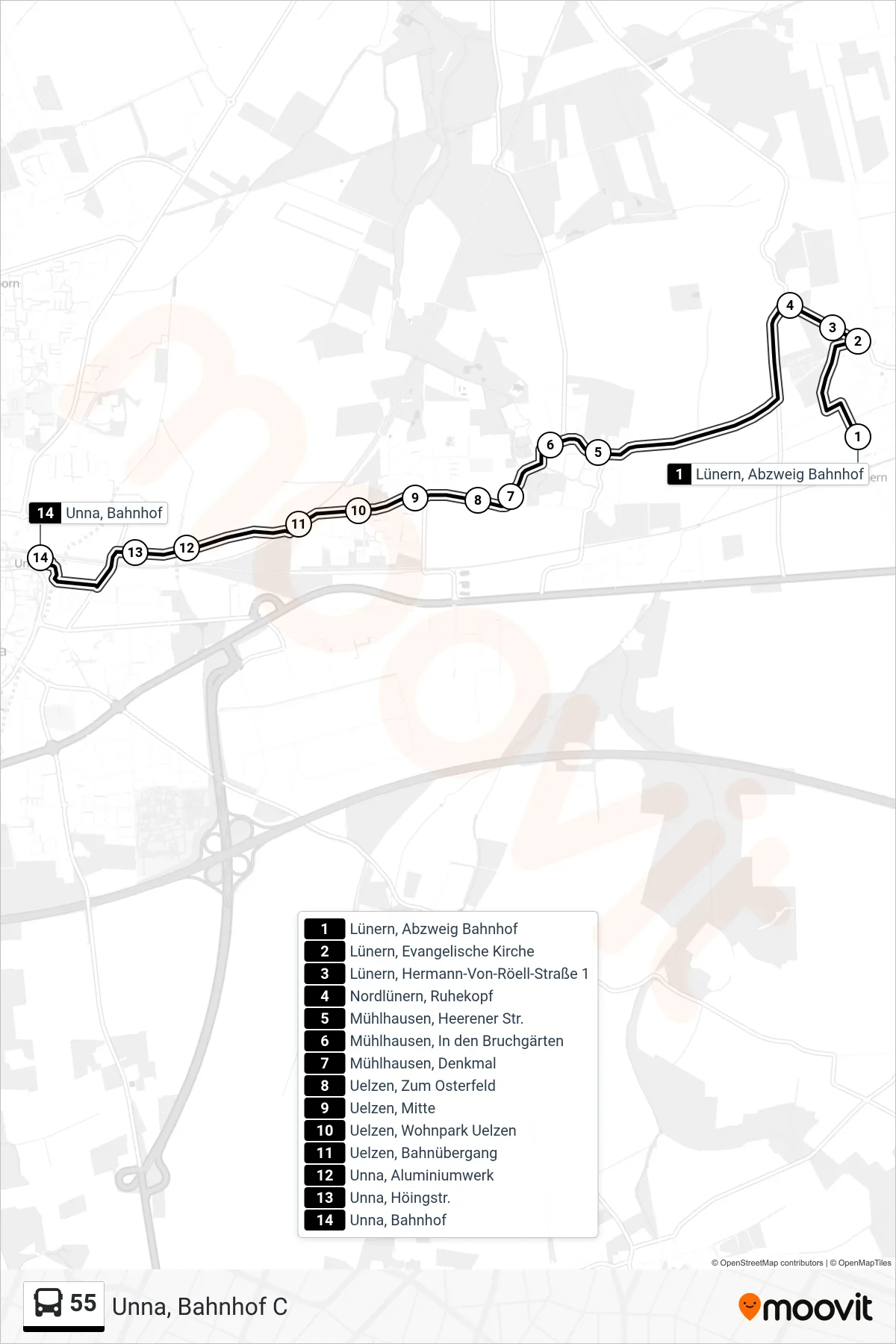 Linie 55 (Bus) Richtung Unna, Bahnhof C: Route und Haltestellen auf der Karte