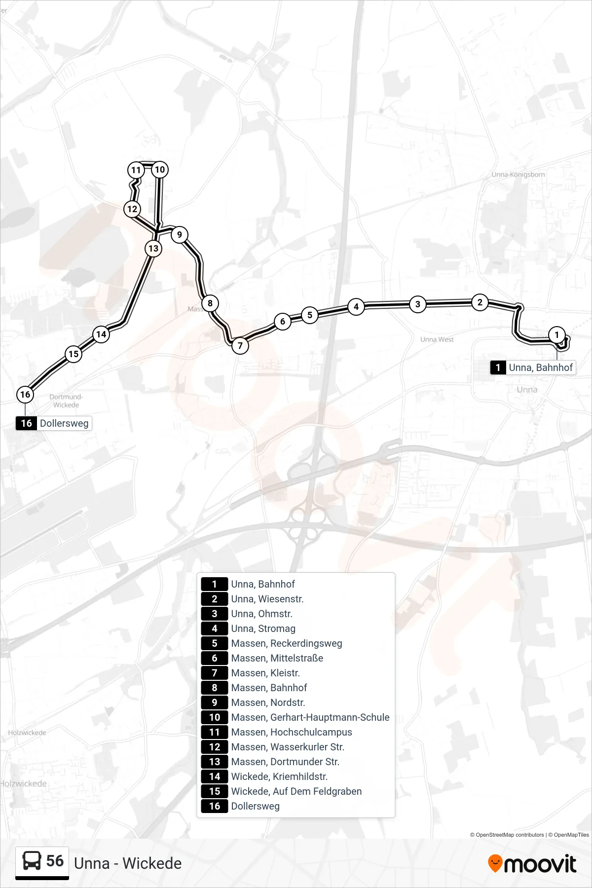 56 bus Line (Wickede, Dollersweg) route and stops on a map