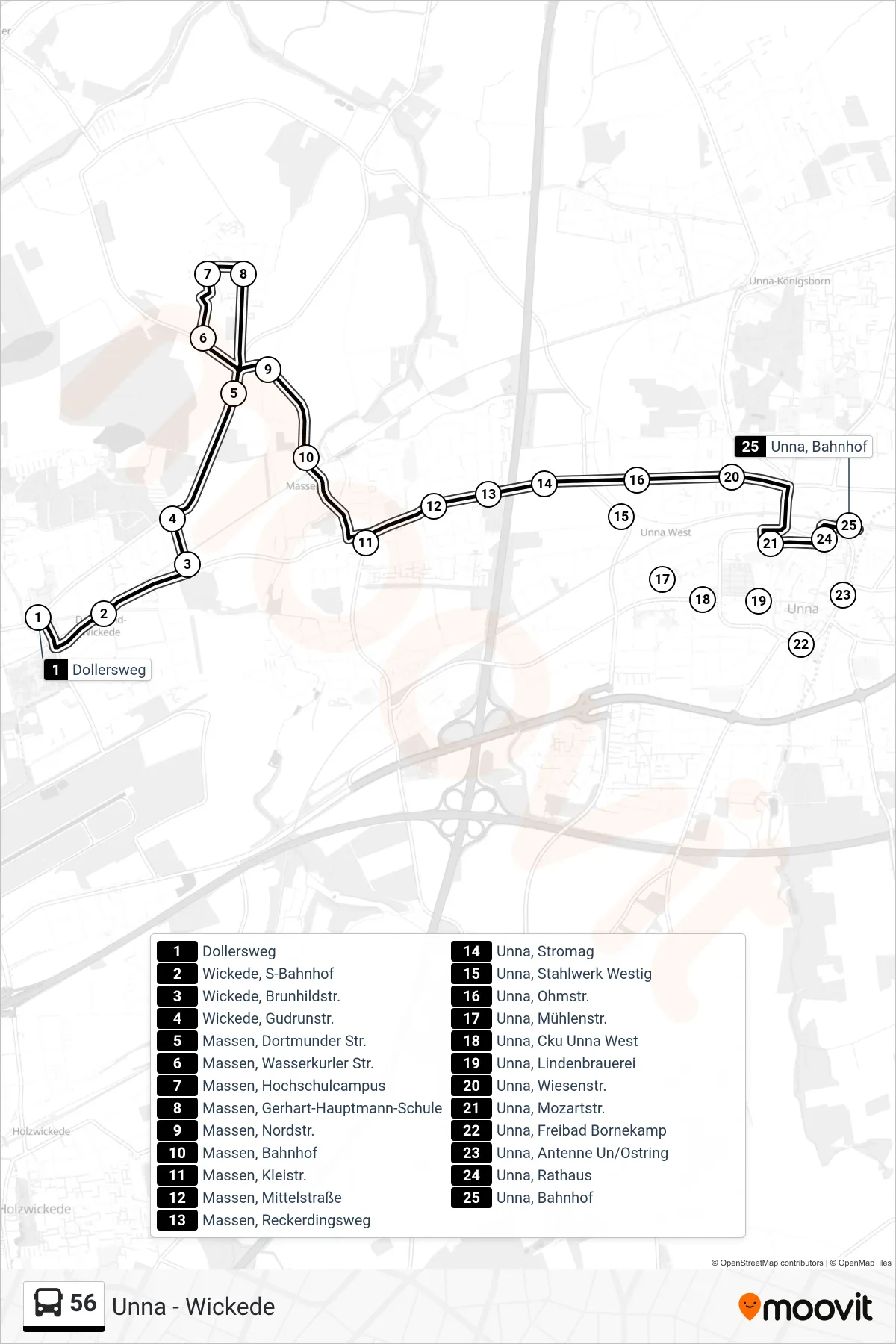 Linie 56 (Bus) Richtung Unna, Bahnhof C: Route und Haltestellen auf der Karte
