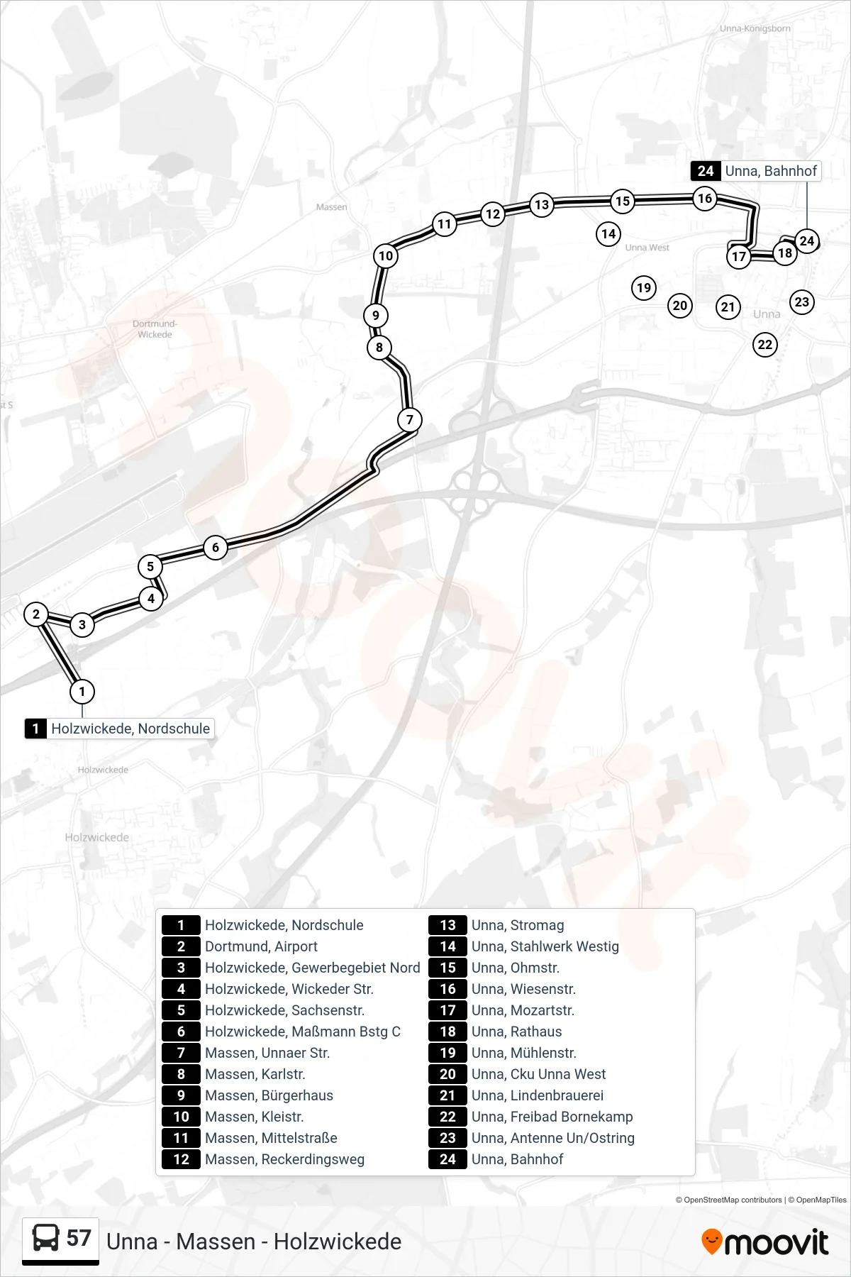 Linie 57 (Bus) Richtung Unna, Bahnhof C: Route und Haltestellen auf der Karte