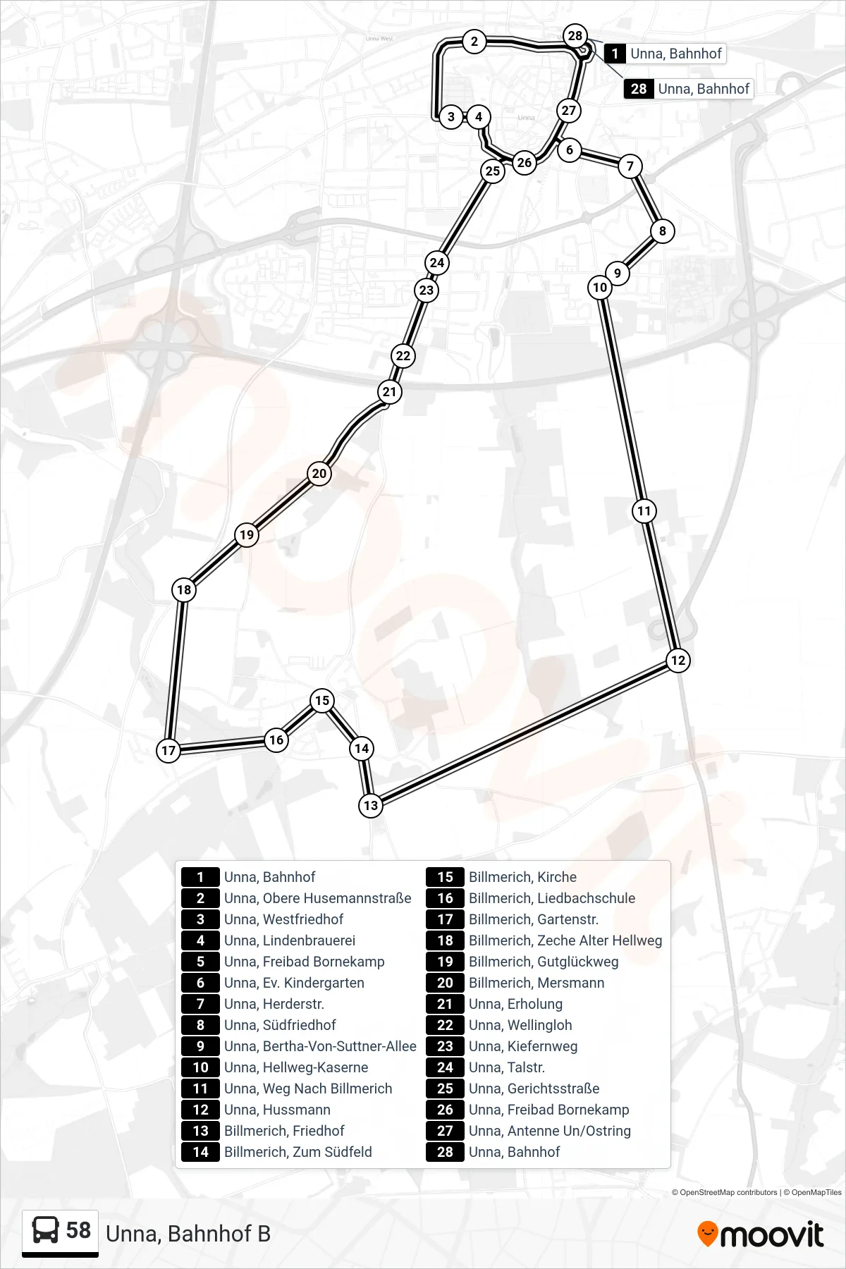 Linie 58 (Bus) Richtung Unna, Bahnhof B: Route und Haltestellen auf der Karte