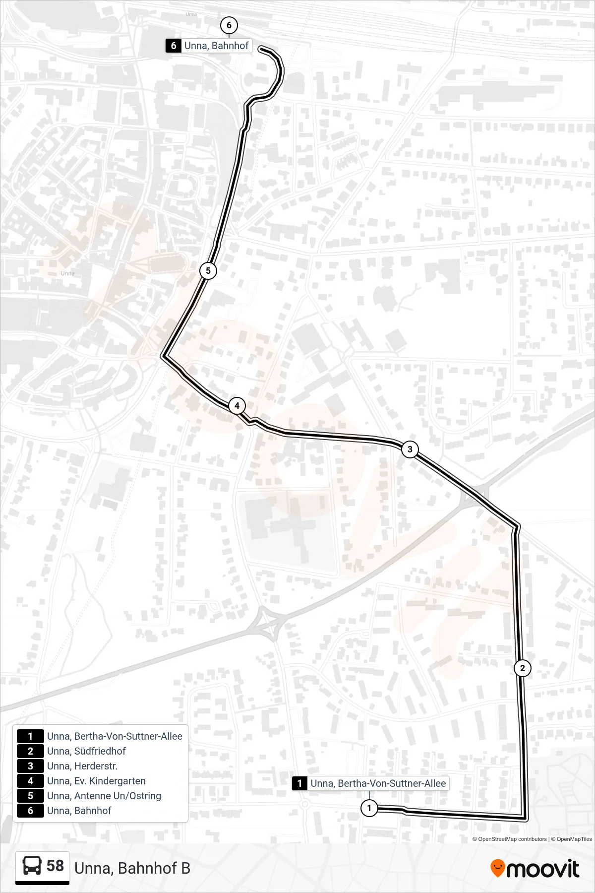 Linie 58 (Bus) Richtung Unna, Bahnhof B: Route und Haltestellen auf der Karte