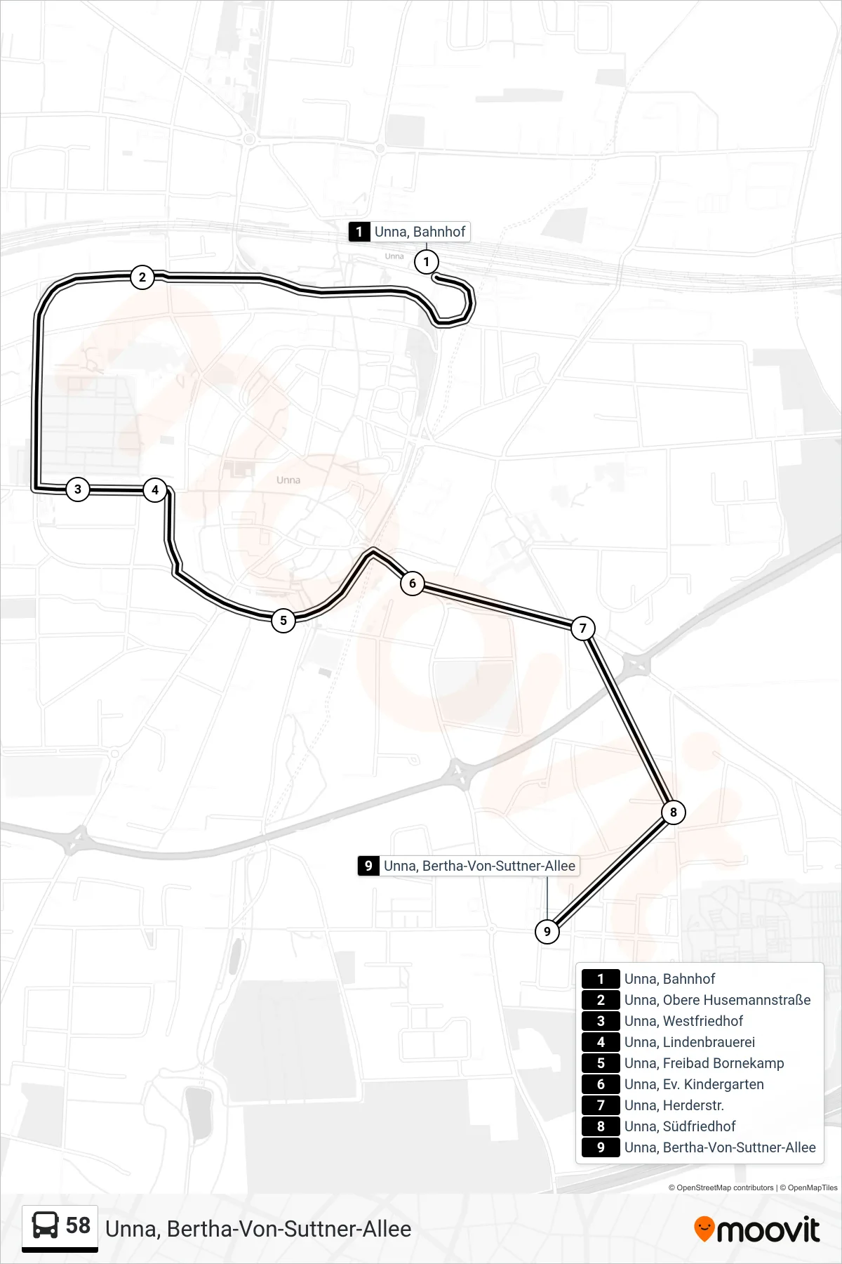 Linie 58 (Bus) Richtung Unna, Bertha-Von-Suttner-Allee: Route und Haltestellen auf der Karte