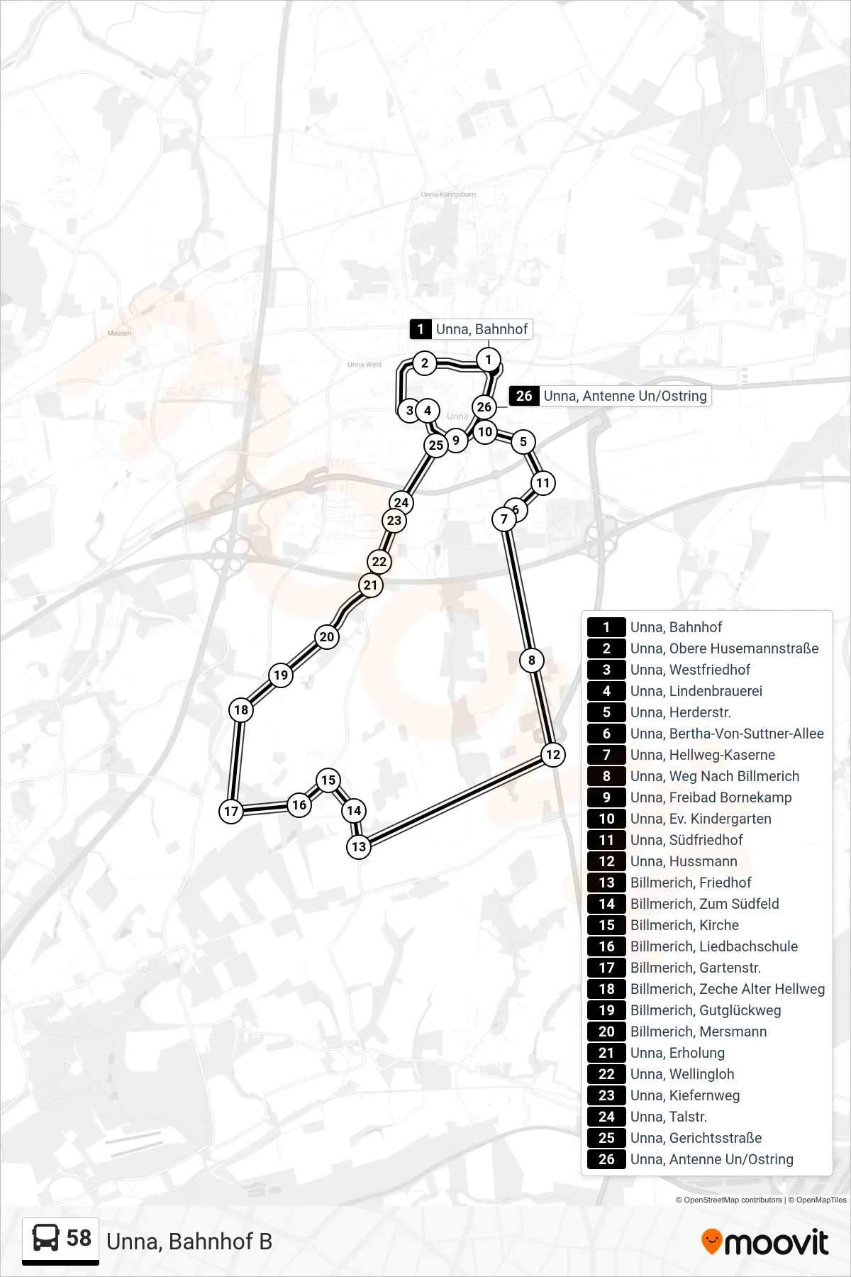 Linie 58 (Bus) Richtung Unna, Bahnhof B: Route und Haltestellen auf der Karte
