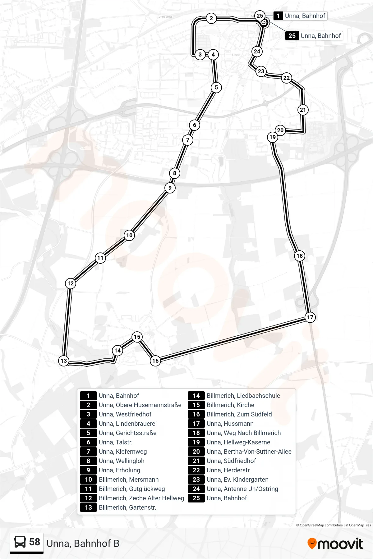 58 bus Line (Unna, Bahnhof B) route and stops on a map