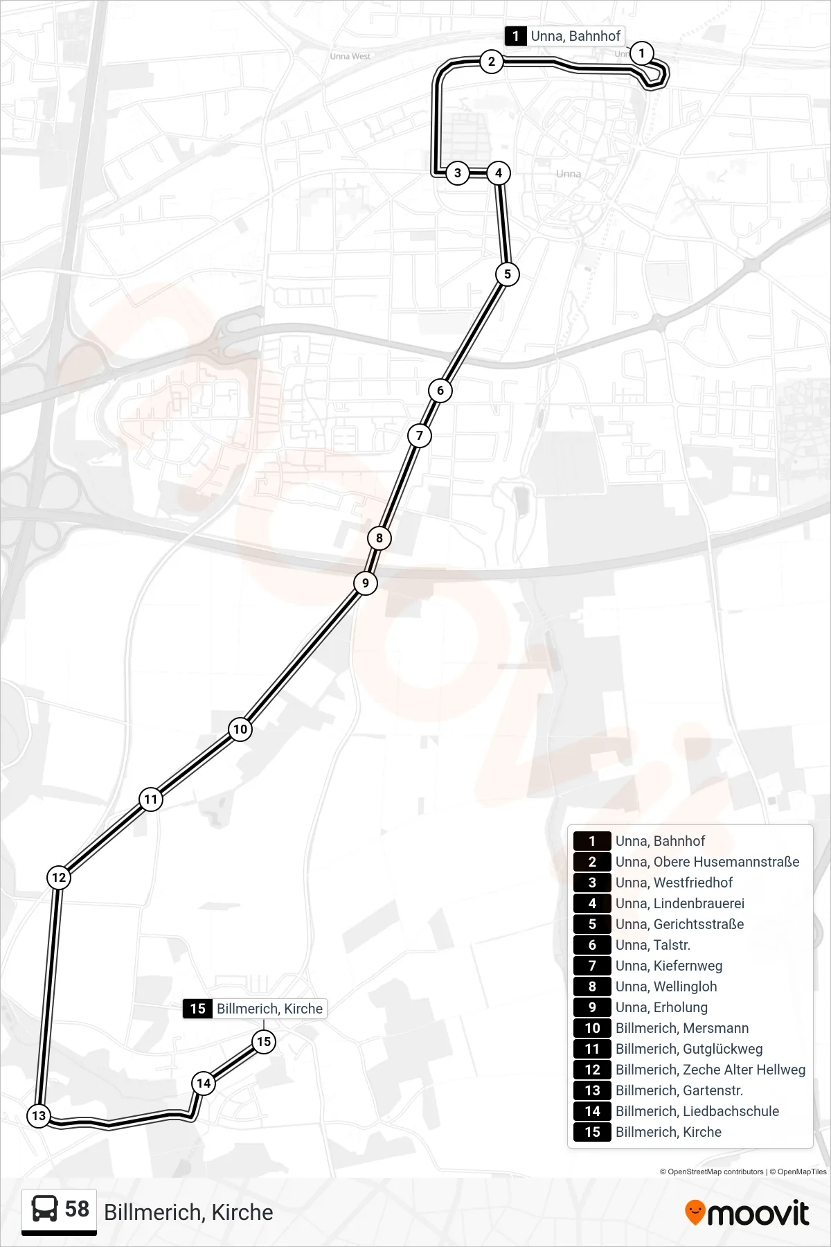 Linie 58 (Bus) Richtung Billmerich, Kirche: Route und Haltestellen auf der Karte