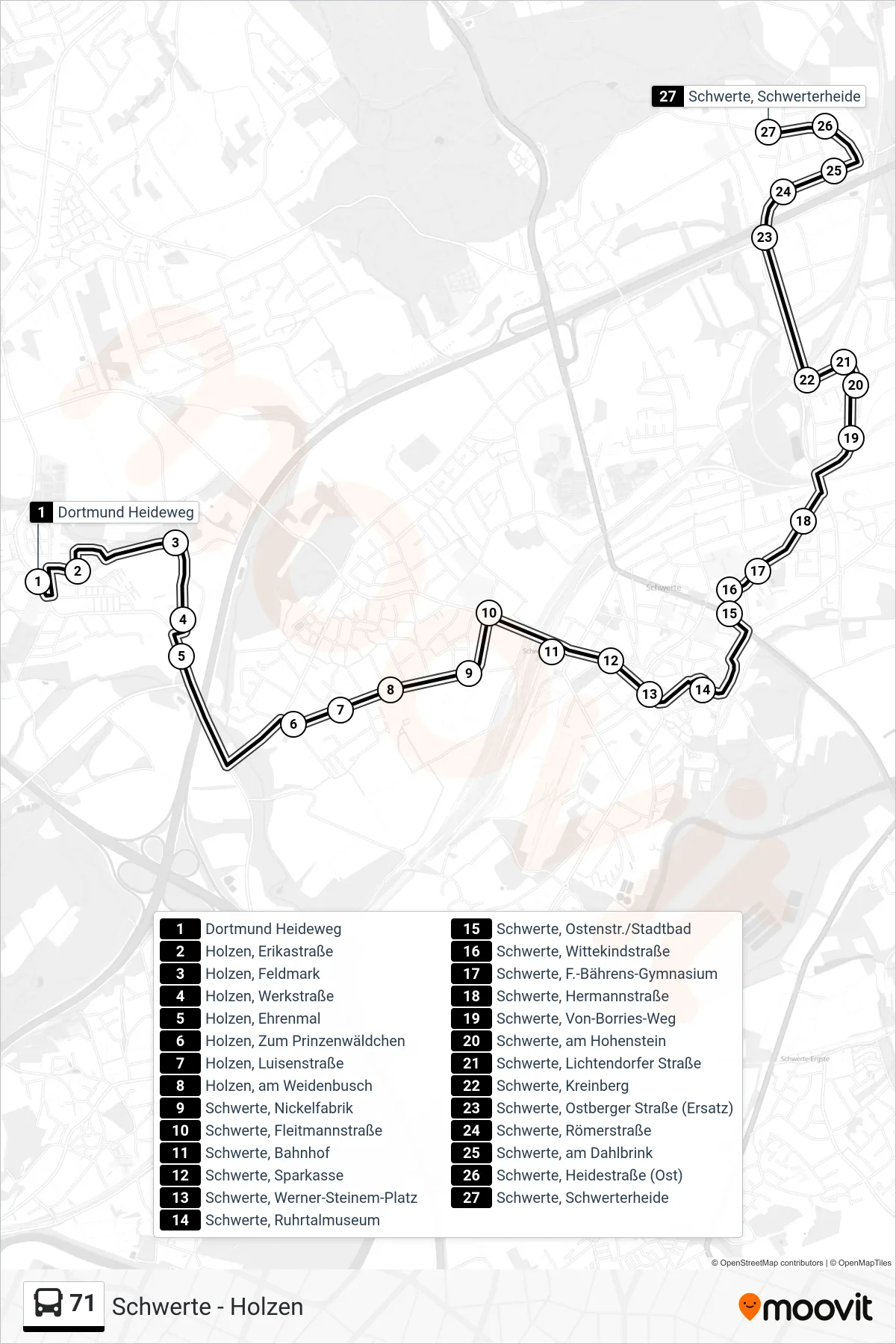 Linie 71 (Bus) Richtung Schwerte, Schwerterheide: Route und Haltestellen auf der Karte
