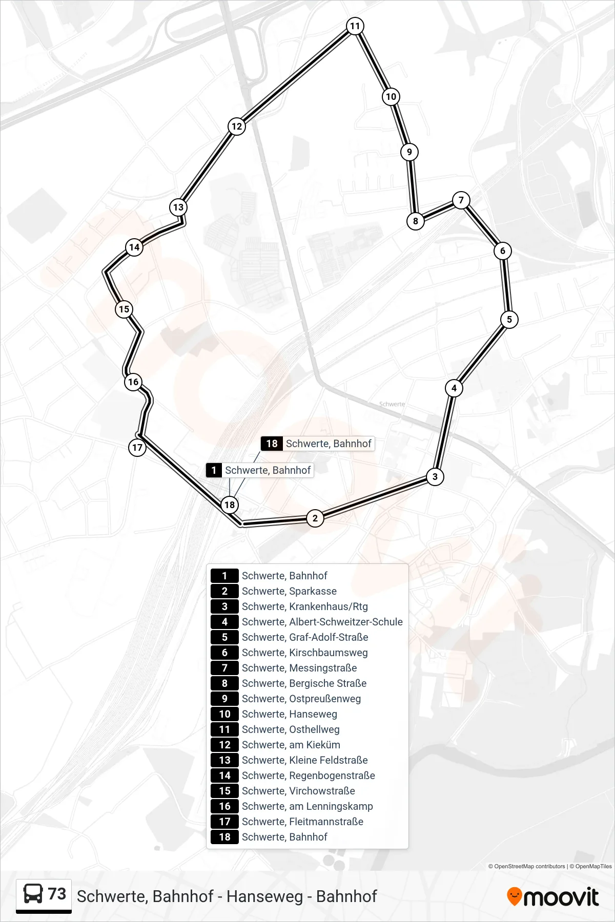 Linie 73 (Bus) Richtung Schwerte, Bahnhof Bstg D: Route und Haltestellen auf der Karte