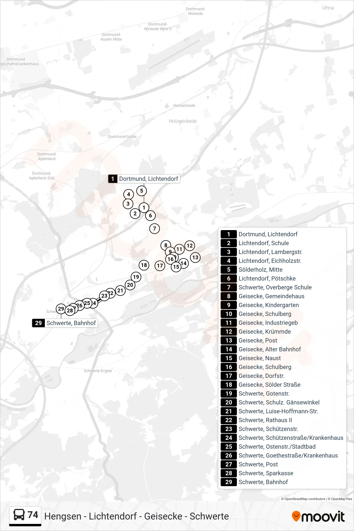 74 bus Line (Schwerte, Bahnhof Bstg B) route and stops on a map