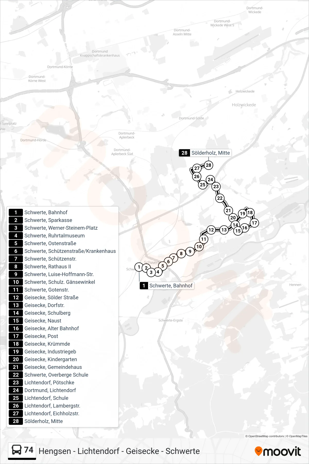 Linie 74 (Bus) Richtung Sölderholz, Mitte: Route und Haltestellen auf der Karte