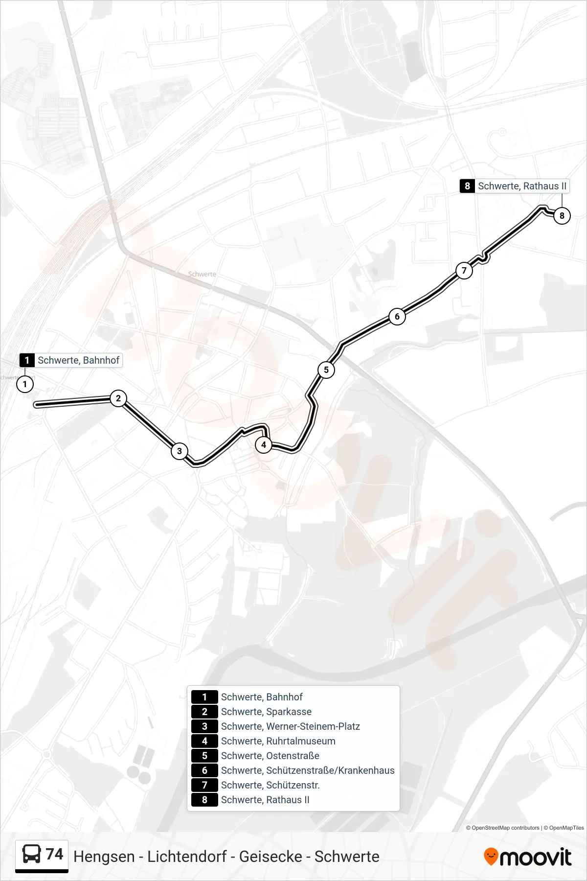 Linie 74 (Bus) Richtung Schwerte, Rathaus II: Route und Haltestellen auf der Karte