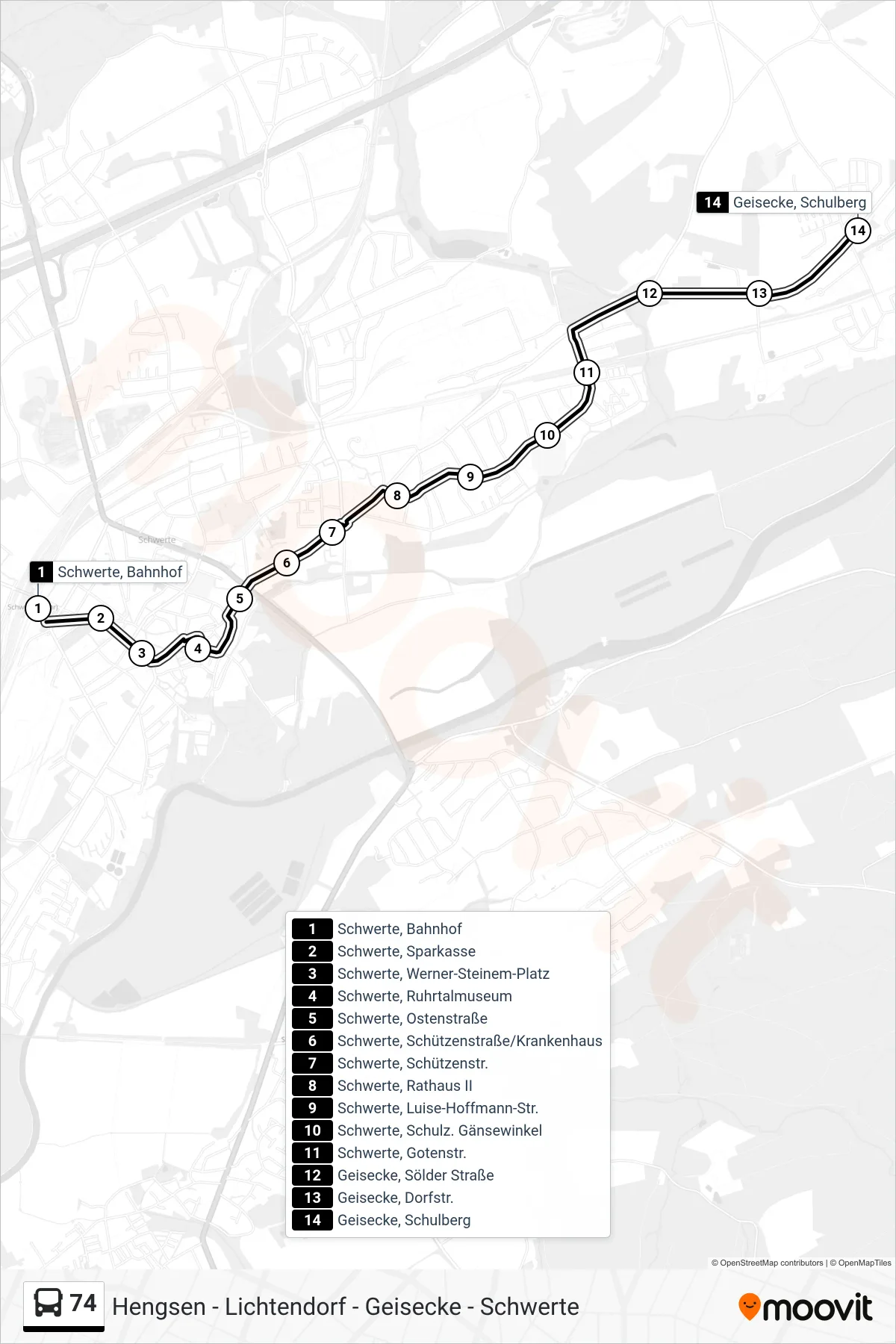 Linie 74 (Bus) Richtung Geisecke, Schulberg: Route und Haltestellen auf der Karte
