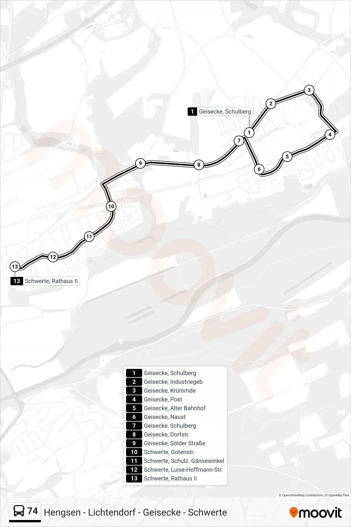 Linie 74 (Bus) Richtung Schwerte, Rathaus II: Route und Haltestellen auf der Karte