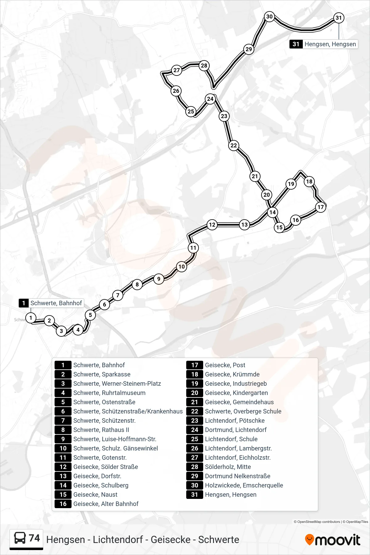 Linie 74 (Bus) Richtung Hengsen, Hengsen: Route und Haltestellen auf der Karte