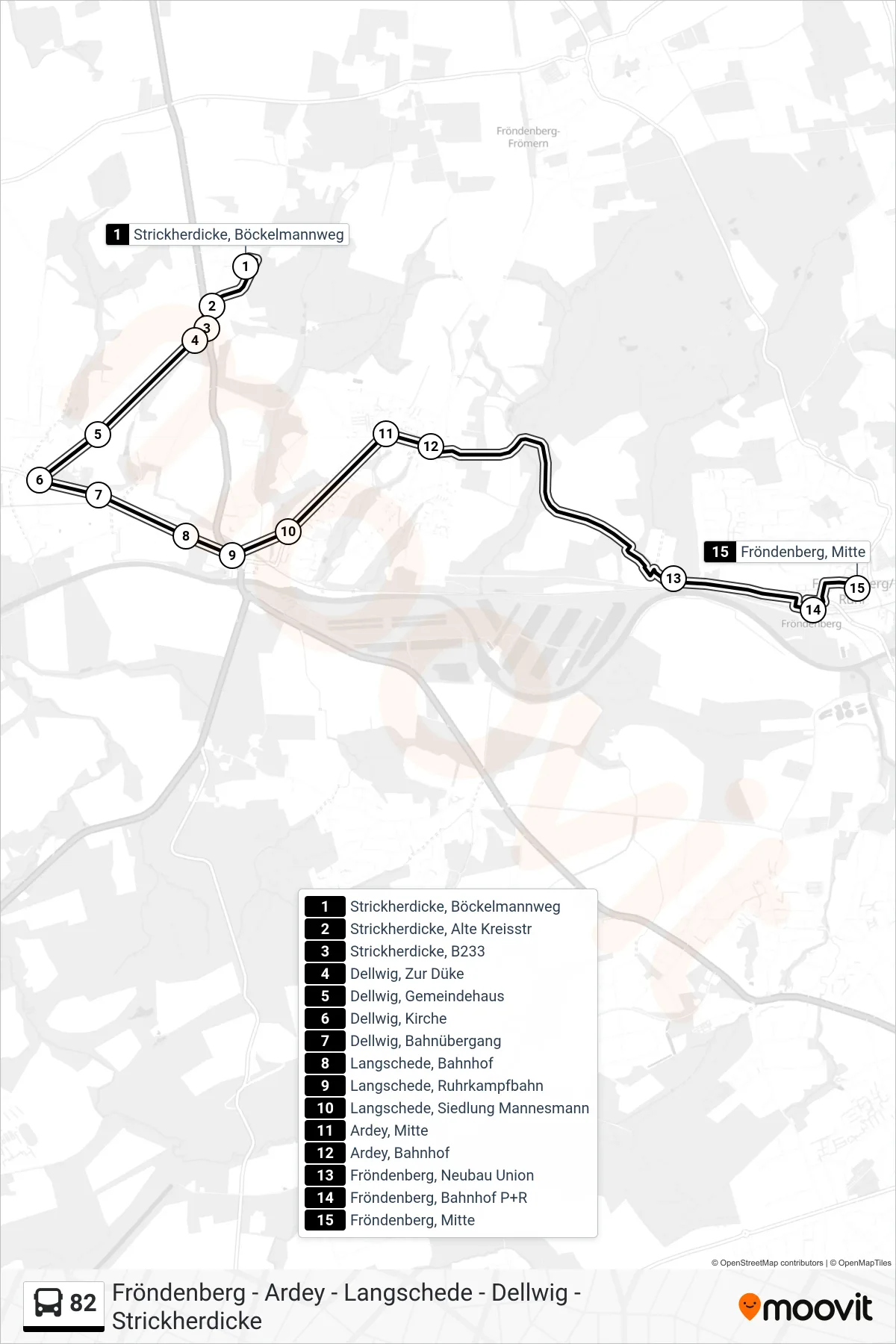 Linie 82 (Bus) Richtung Fröndenberg, Mitte: Route und Haltestellen auf der Karte