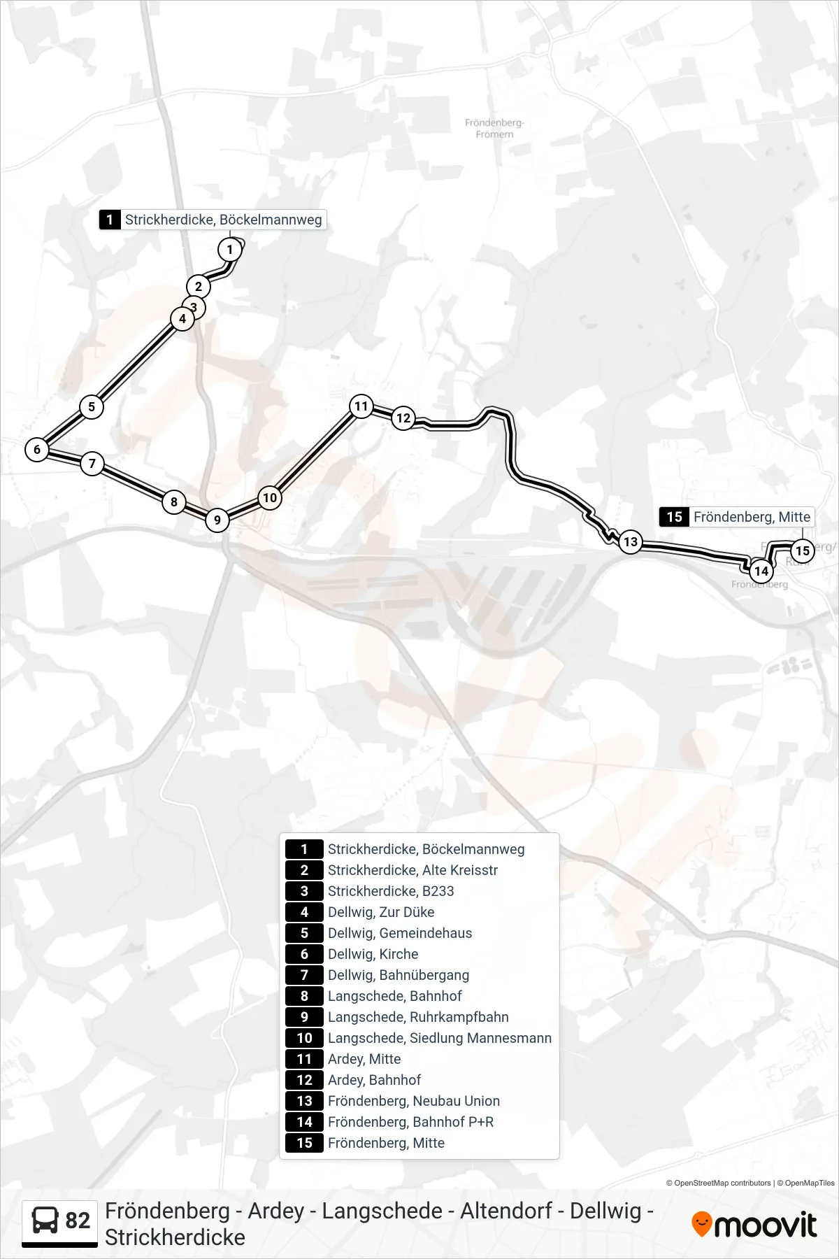 Linie 82 (Bus) Richtung Fröndenberg, Mitte: Route und Haltestellen auf der Karte
