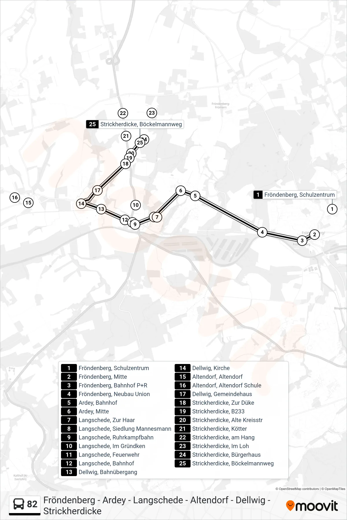 82 bus Line (Strickherdicke, Böckelmannweg) route and stops on a map