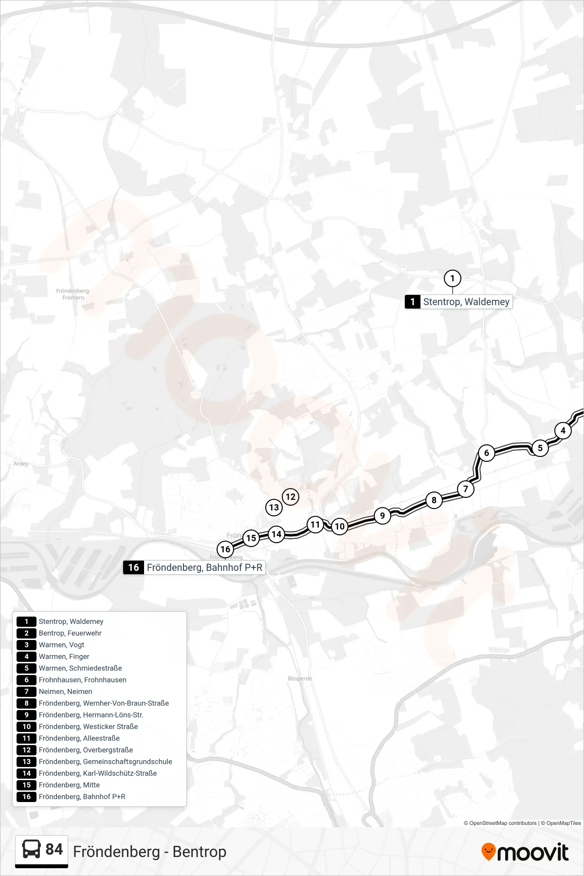 84 bus Line (Fröndenberg, Bahnhof P+R) route and stops on a map