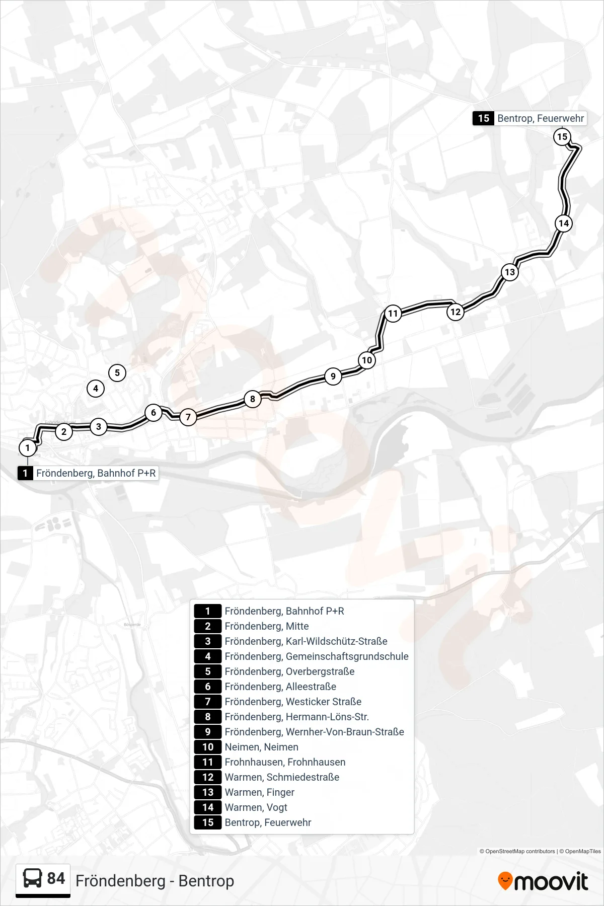 Linie 84 (Bus) Richtung Bentrop, Feuerwehr: Route und Haltestellen auf der Karte