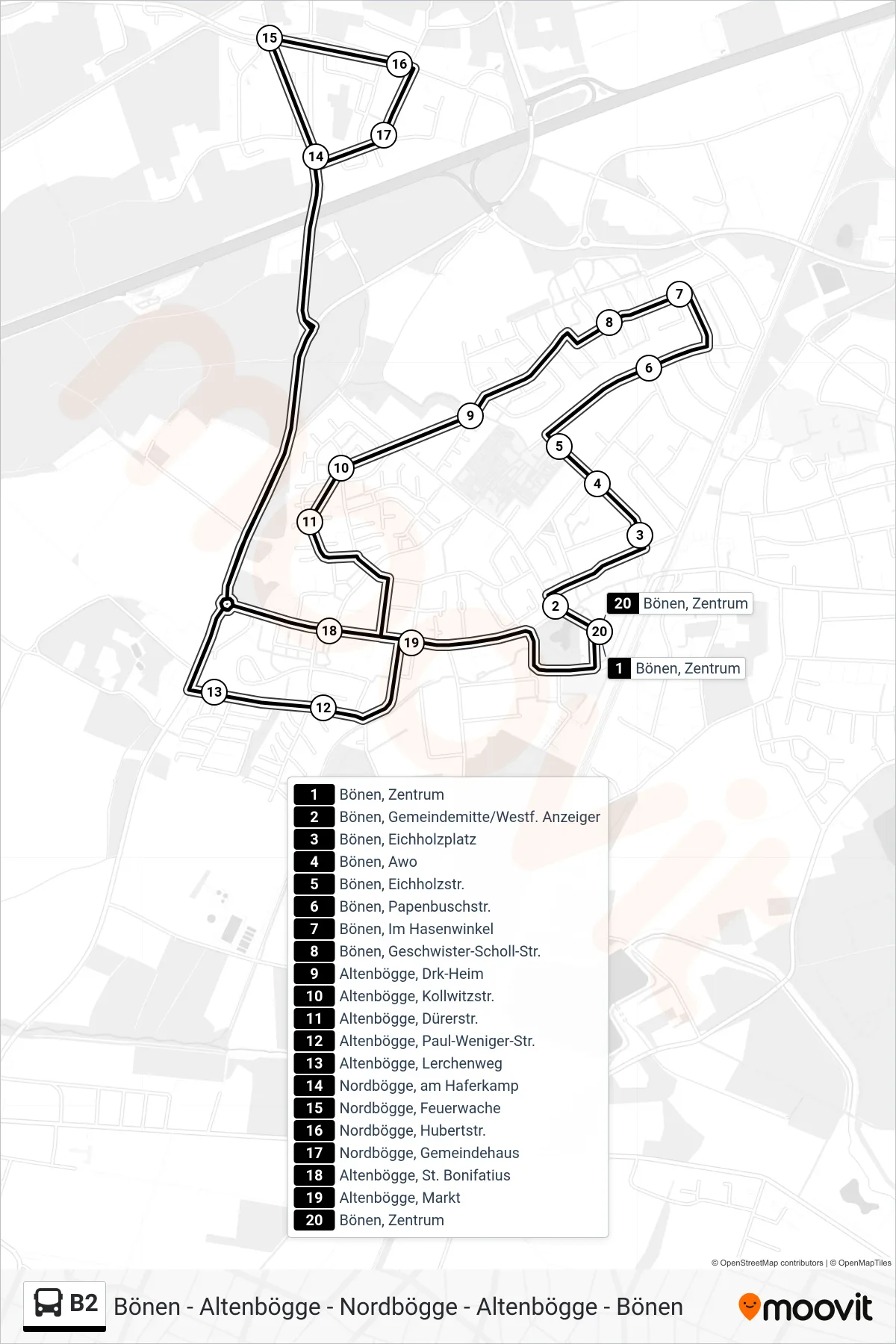 Linie B2 (Bus) Richtung Bönen, Zentrum: Route und Haltestellen auf der Karte