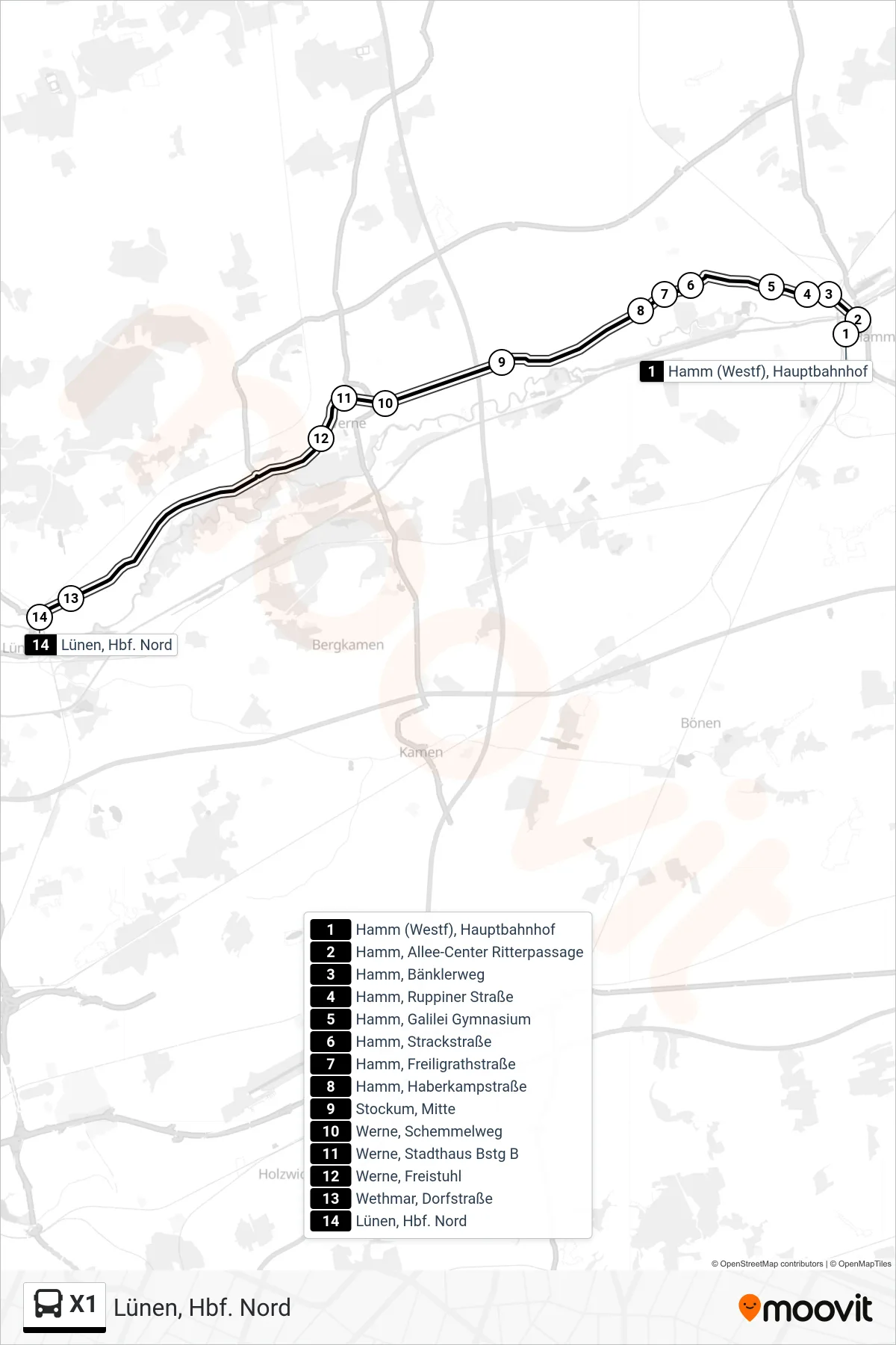 Linie X1 (Bus) Richtung Lünen, Hbf. Nord: Route und Haltestellen auf der Karte