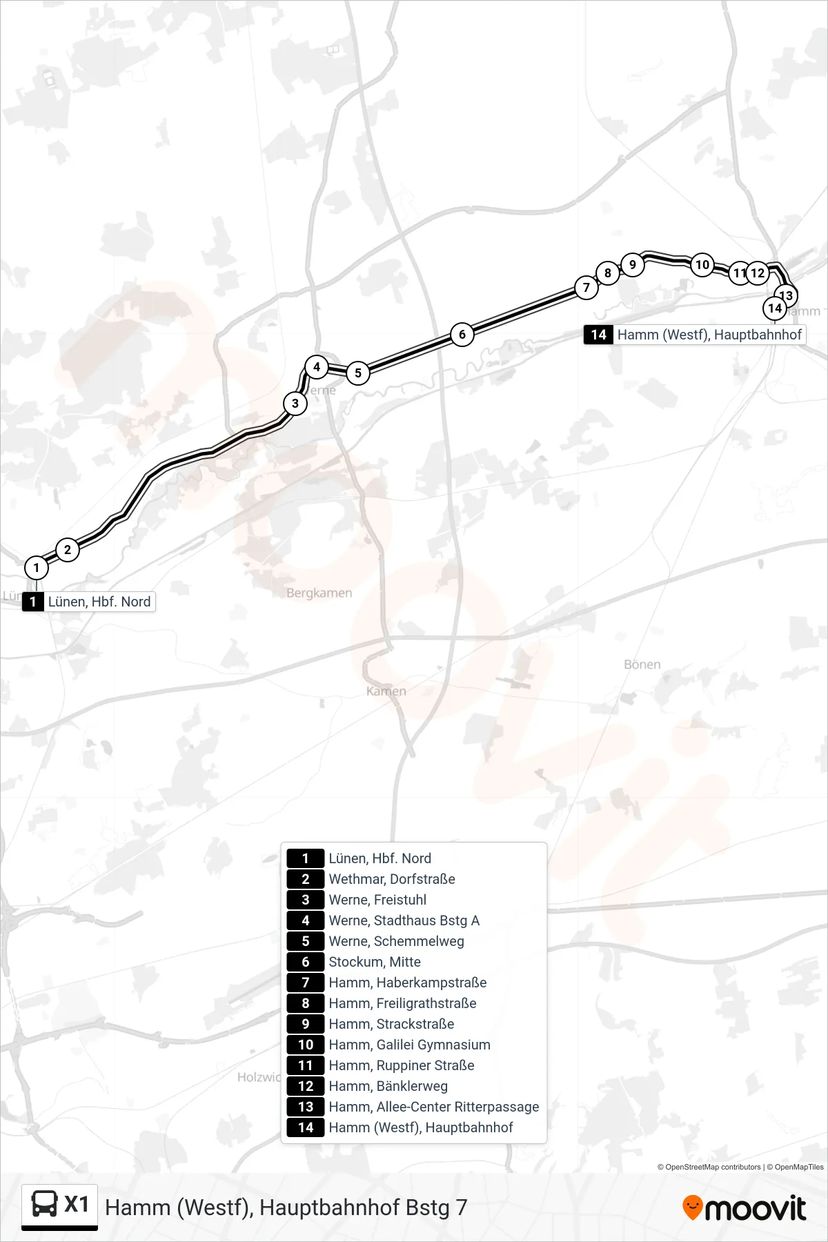 Linie X1 (Bus) Richtung Hamm (Westf), Hauptbahnhof Bstg 7: Route und Haltestellen auf der Karte