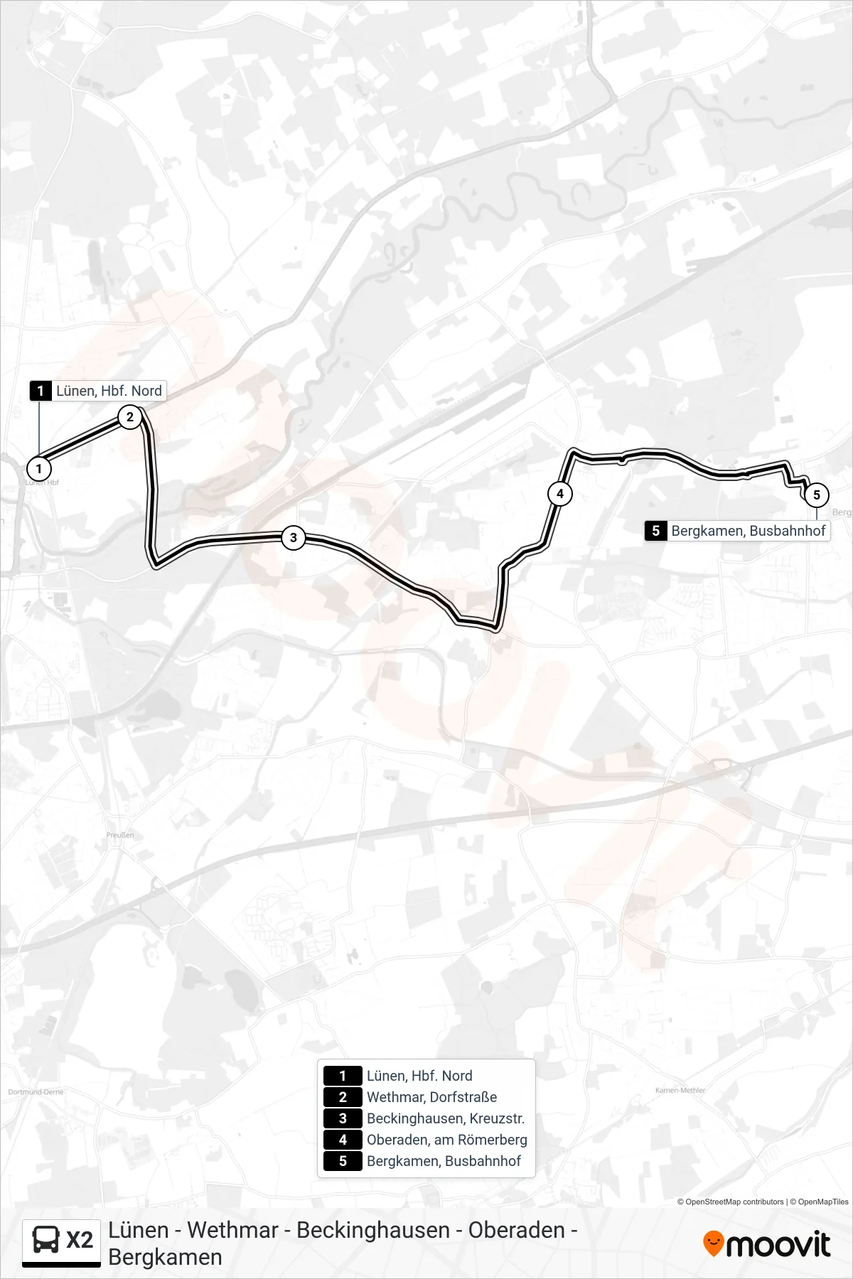 Linie X2 (Bus) Richtung Bergkamen, Busbahnhof Bstg D: Route und Haltestellen auf der Karte