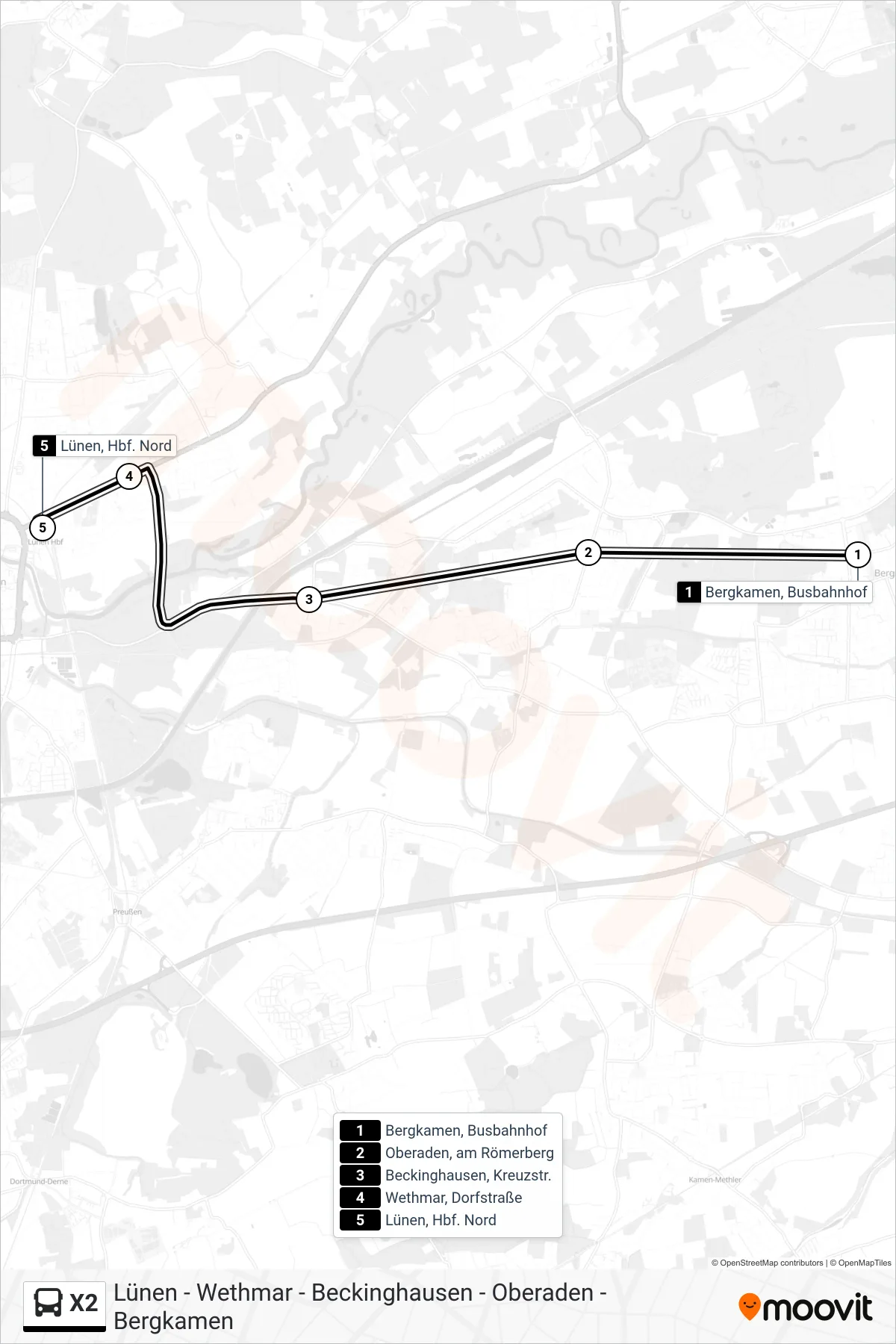 Linie X2 (Bus) Richtung Lünen, Hbf. Nord: Route und Haltestellen auf der Karte