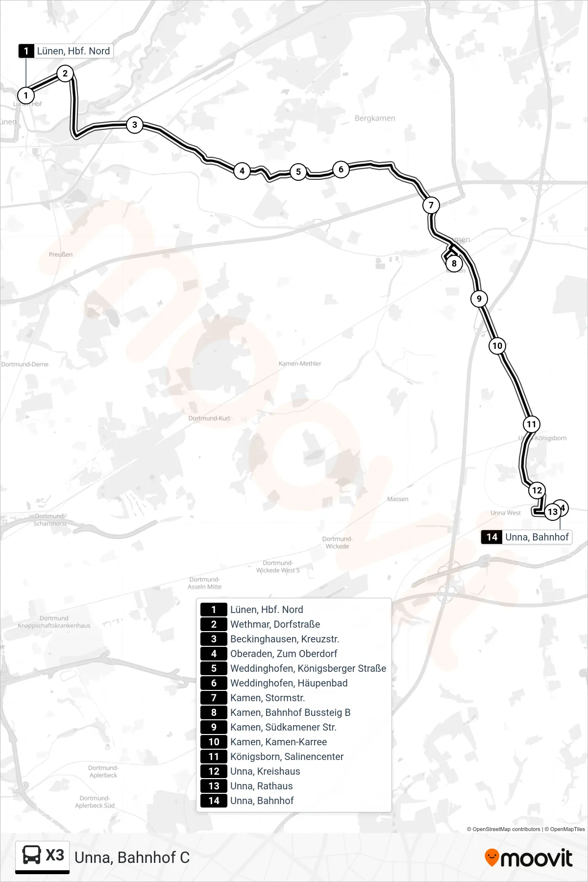 Linie X3 (Bus) Richtung Unna, Bahnhof C: Route und Haltestellen auf der Karte