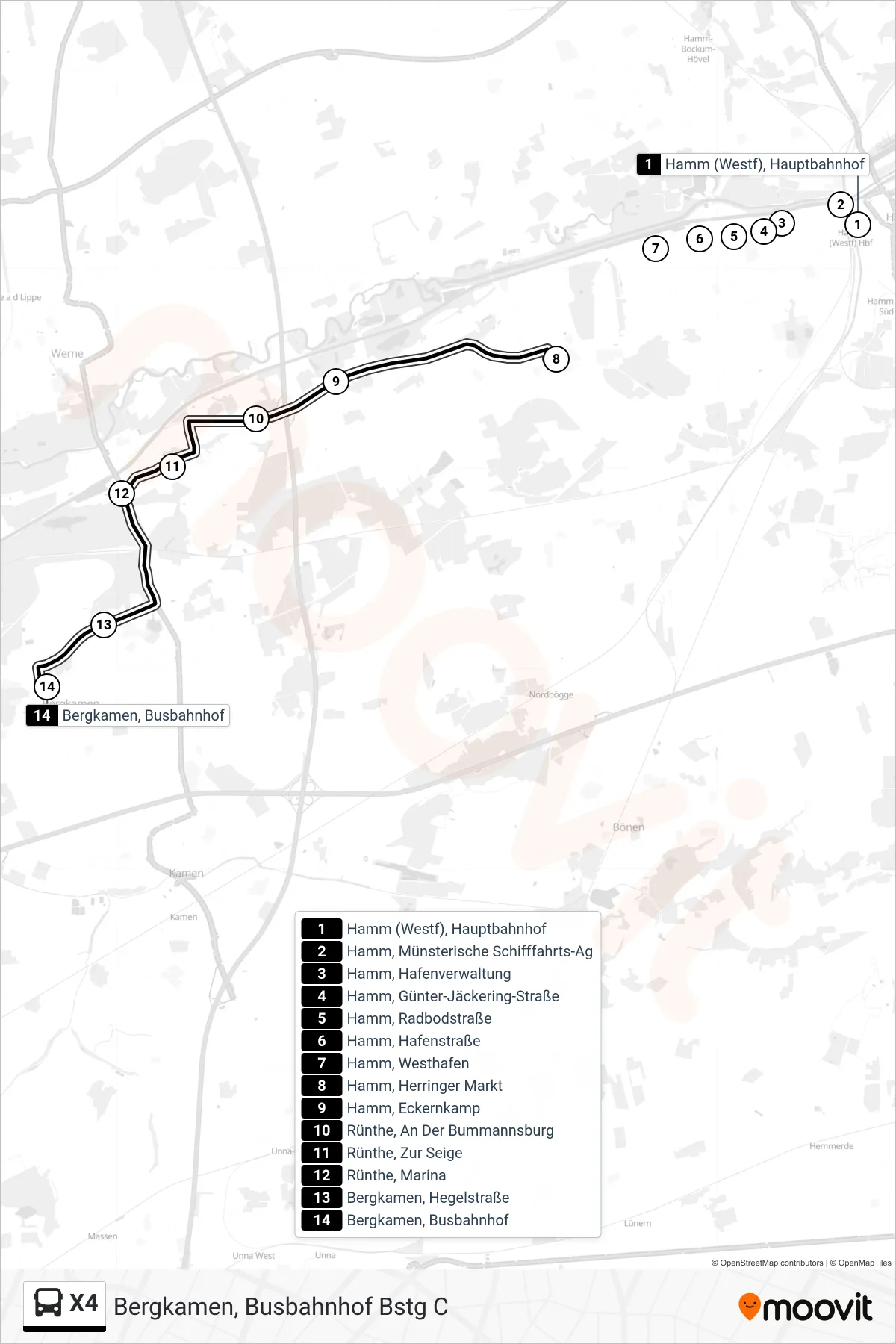 Linie X4 (Bus) Richtung Bergkamen, Busbahnhof Bstg C: Route und Haltestellen auf der Karte