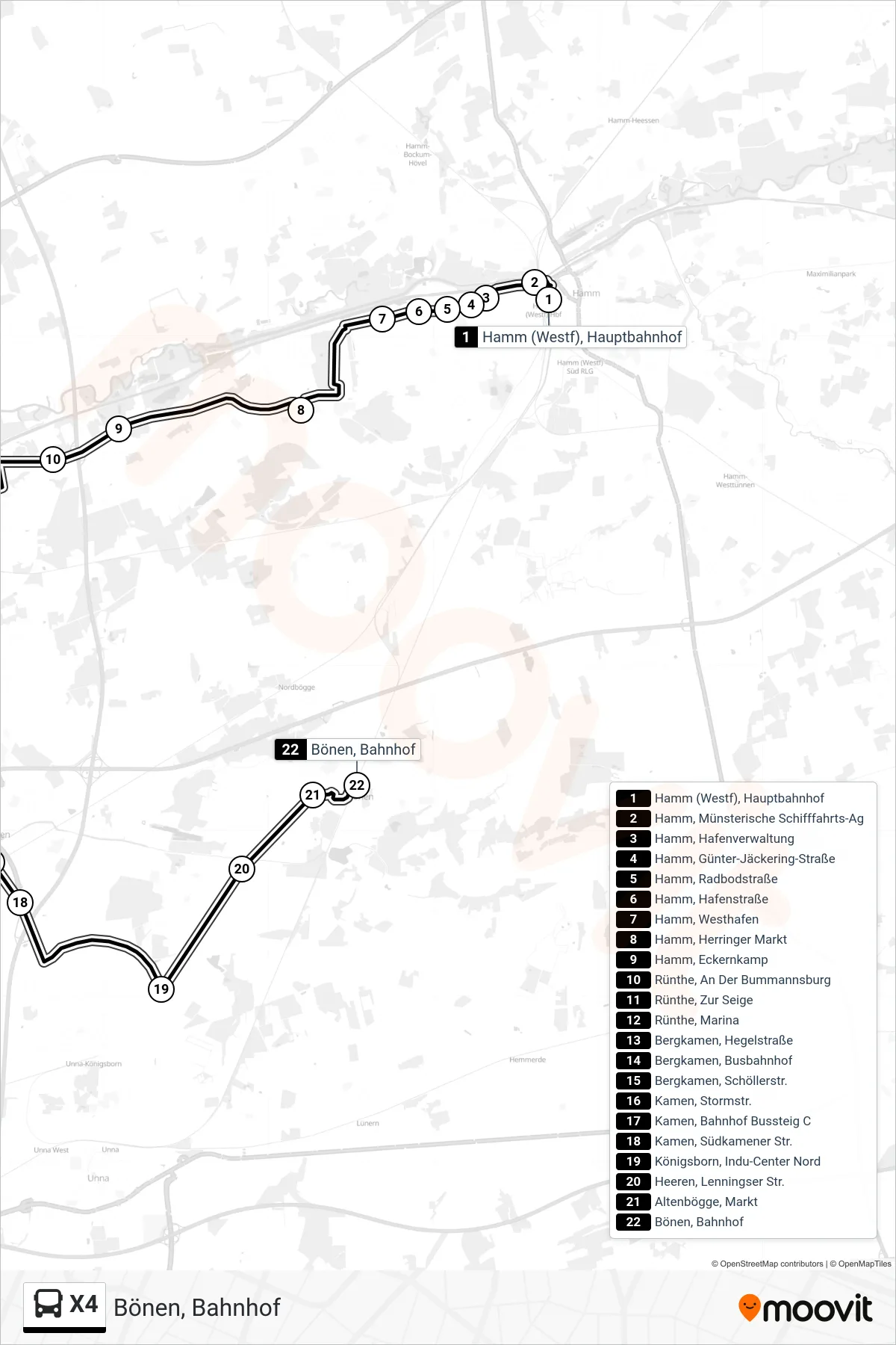 Linie X4 (Bus) Richtung Bönen, Bahnhof: Route und Haltestellen auf der Karte