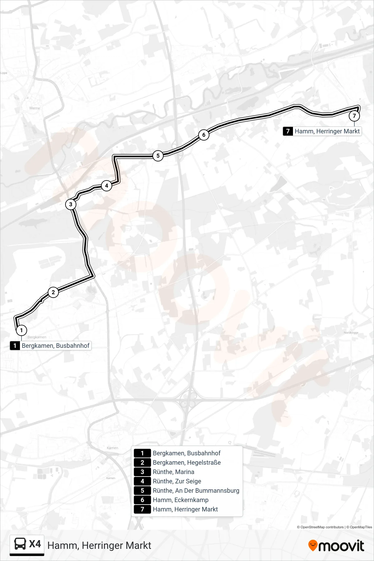 Linie X4 (Bus) Richtung Hamm, Herringer Markt: Route und Haltestellen auf der Karte