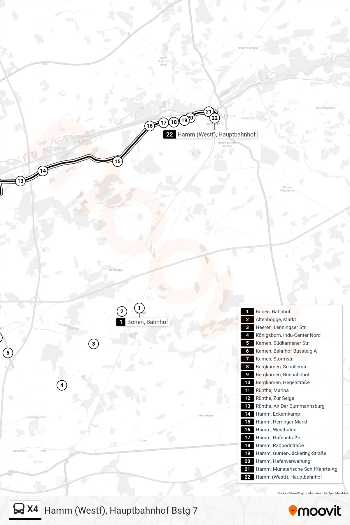 Linie X4 (Bus) Richtung Hamm (Westf), Hauptbahnhof Bstg 7: Route und Haltestellen auf der Karte