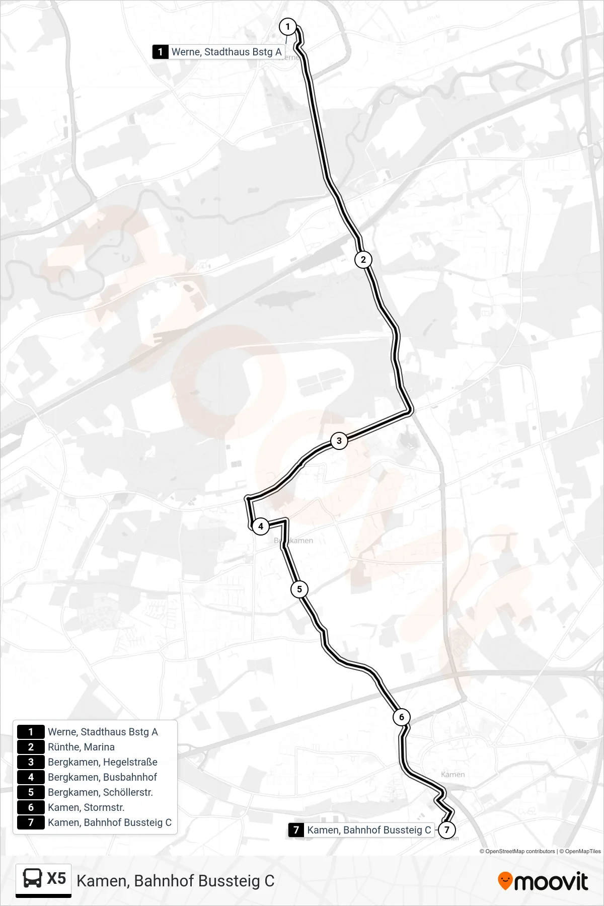 Linie X5 (Bus) Richtung Kamen, Bahnhof Bussteig C: Route und Haltestellen auf der Karte