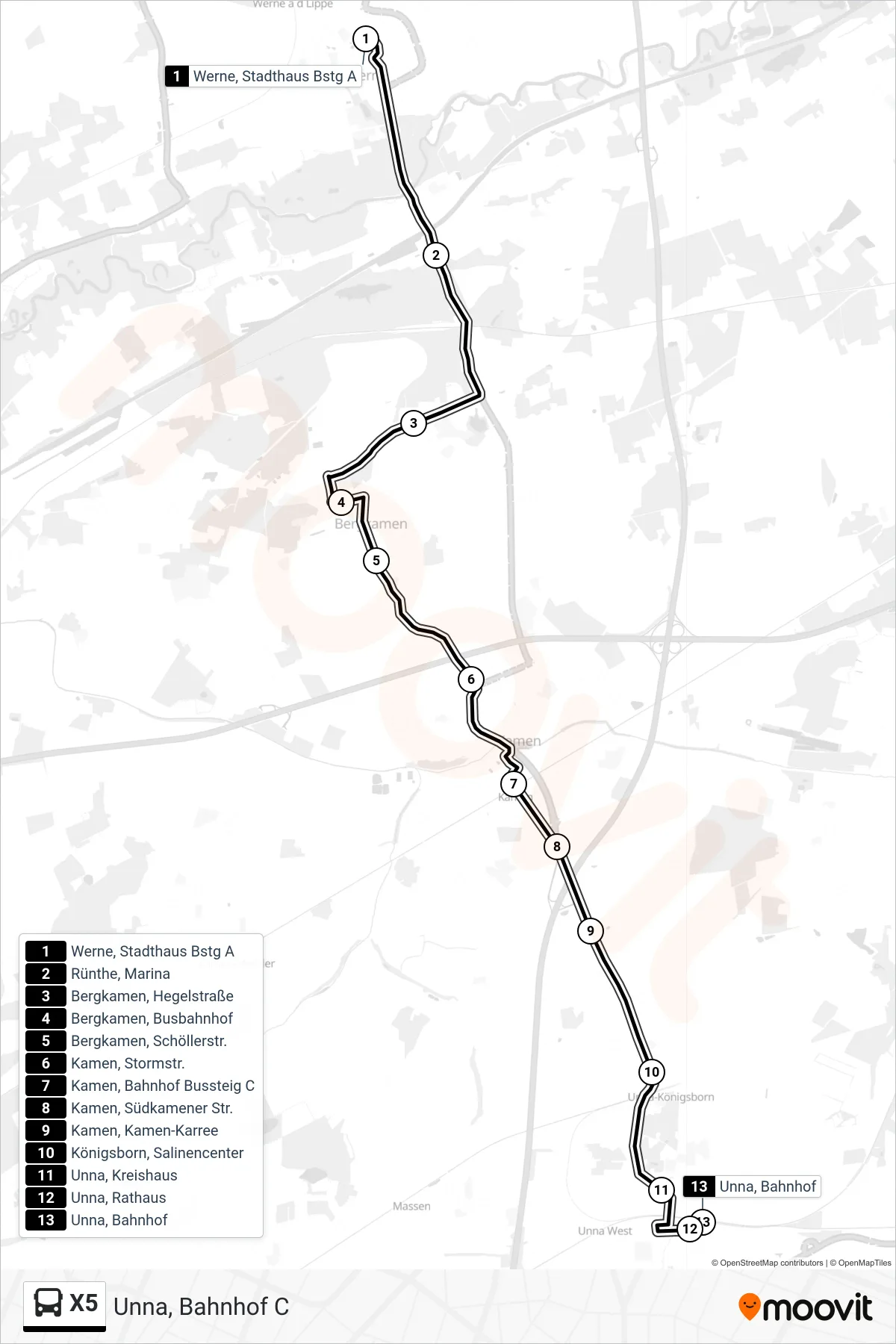 Linie X5 (Bus) Richtung Unna, Bahnhof C: Route und Haltestellen auf der Karte