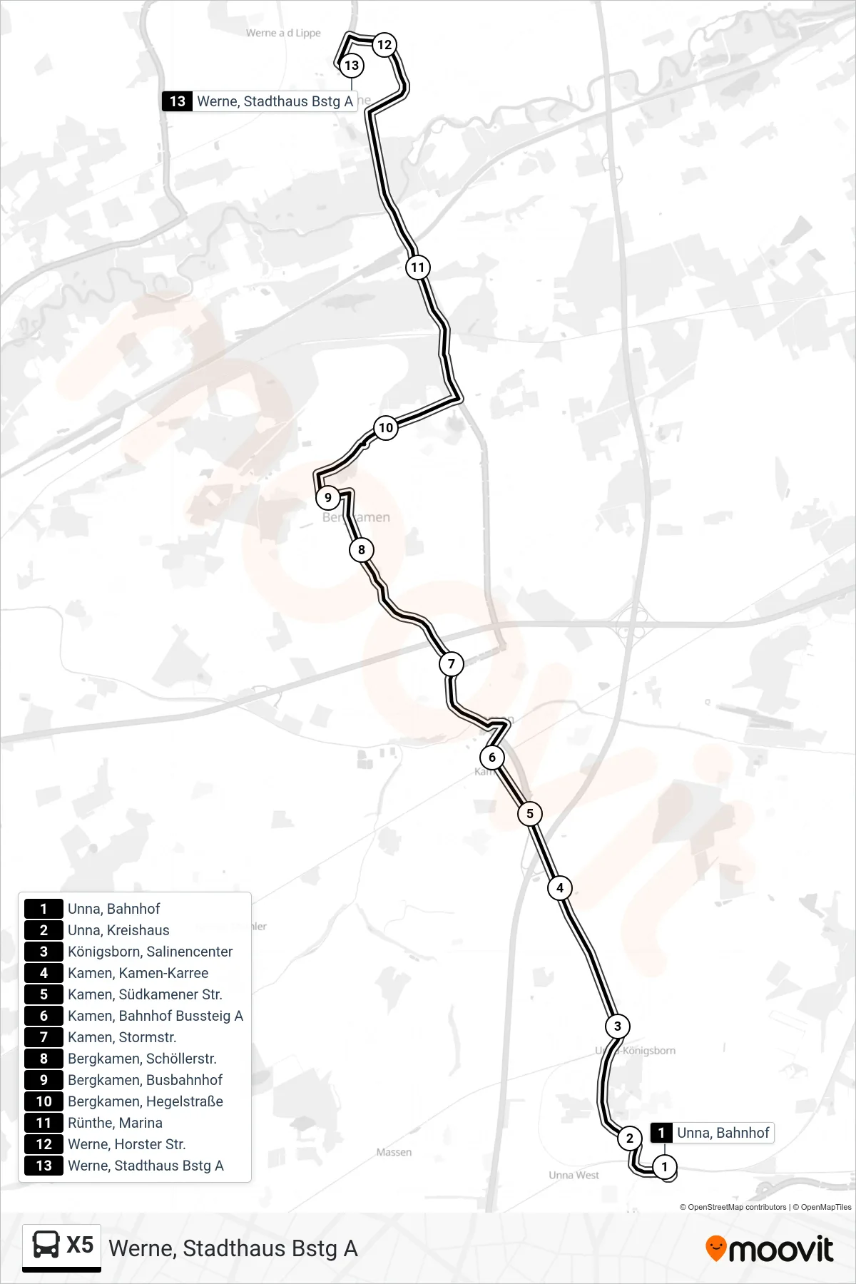 Linie X5 (Bus) Richtung Werne, Stadthaus Bstg A: Route und Haltestellen auf der Karte